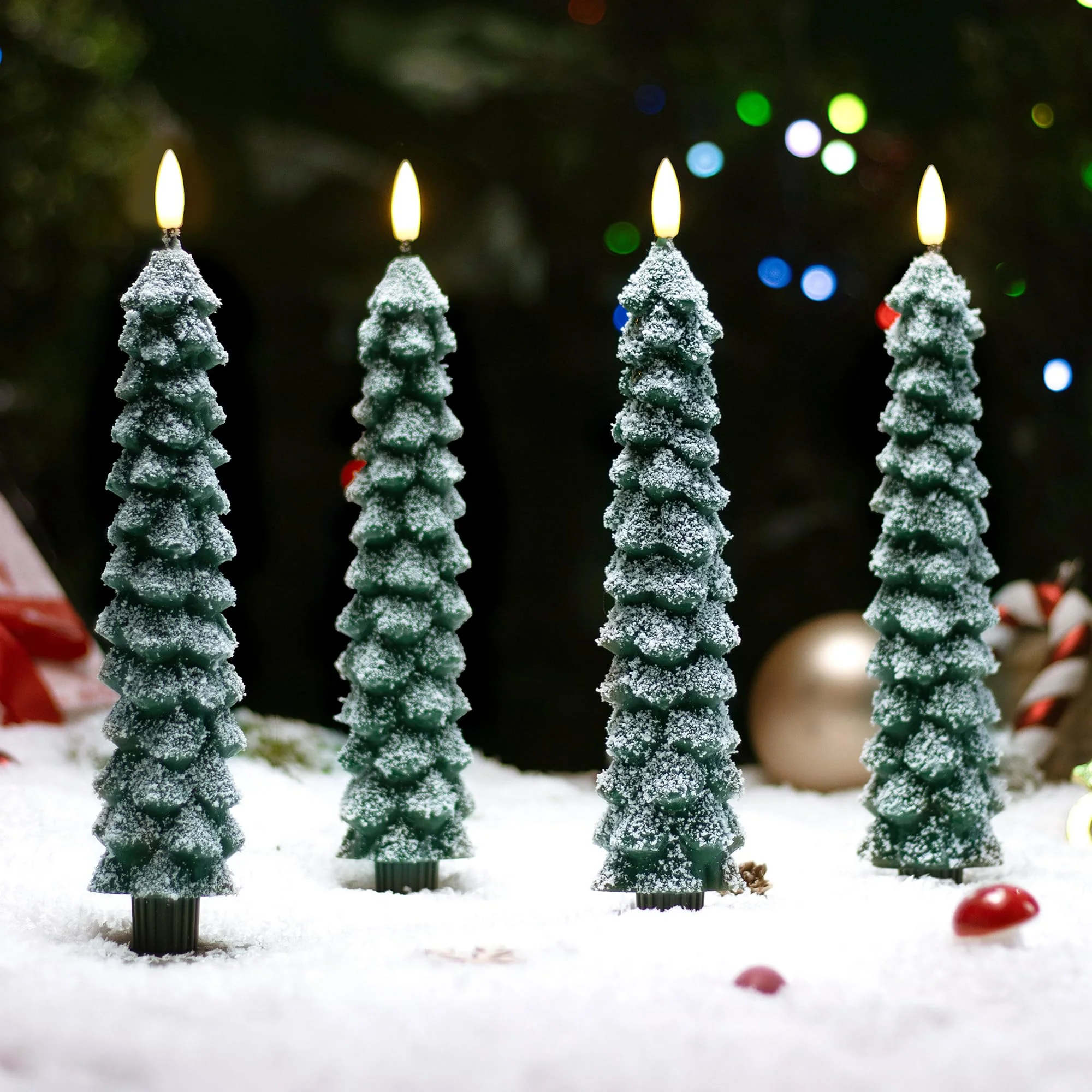 Stmarry 4 PCS Flameless Christmas Tree Candles with Remote, Snow Covered Real Wax Flameless Taper Candles 9.65 Inch, LED Candlesticks Battery Operated with 3D Flickering Flame, Christmas Candles Decor - Image 2