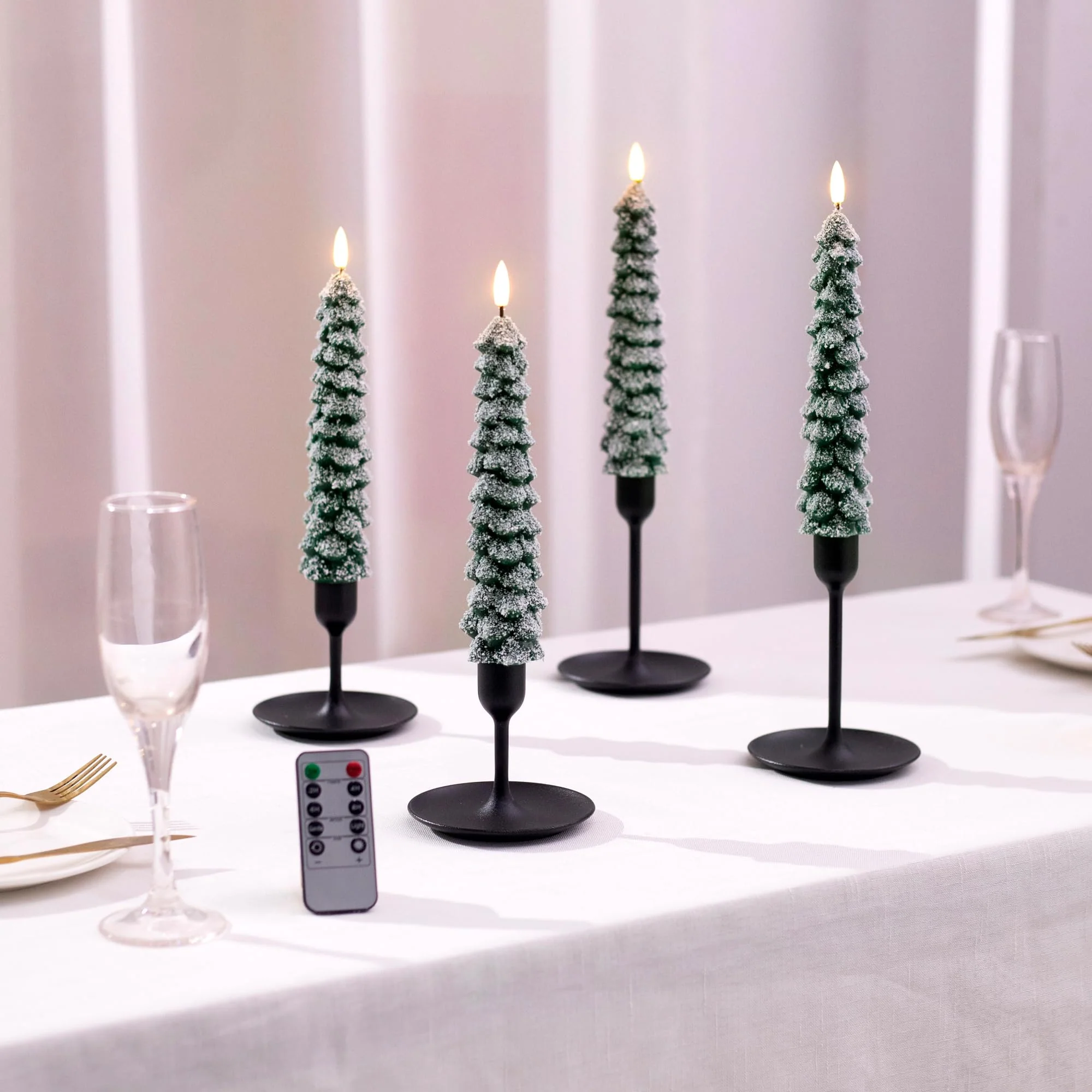 Stmarry 4 PCS Flameless Christmas Tree Candles with Remote, Snow Covered Real Wax Flameless Taper Candles 9.65 Inch, LED Candlesticks Battery Operated with 3D Flickering Flame, Christmas Candles Decor - Image 3