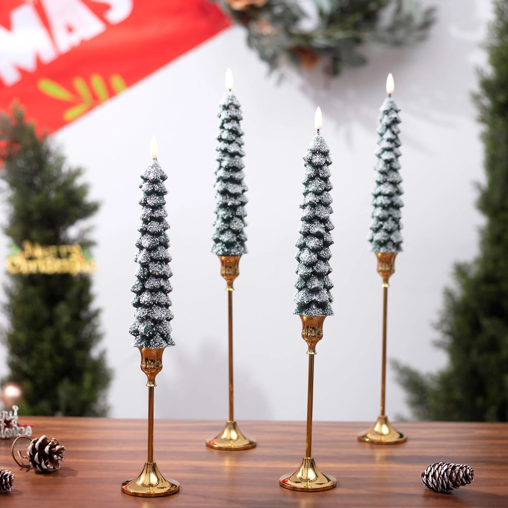 Stmarry 4 PCS Flameless Christmas Tree Candles with Remote, Snow Covered Real Wax Flameless Taper Candles 9.65 Inch, LED Candlesticks Battery Operated with 3D Flickering Flame, Christmas Candles Decor - Image 5