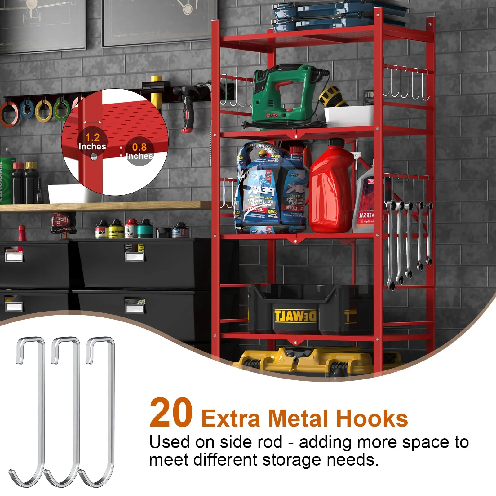 Storage Shelves with 20 Hooks, 5-Tier Foldable Shelves for Storage, Folding Utility Shelf Unit Pantry Shelf with Wheels, Metal Shelving Unit Rack for Garage Christmas Room, Red - No Assembly - Image 5