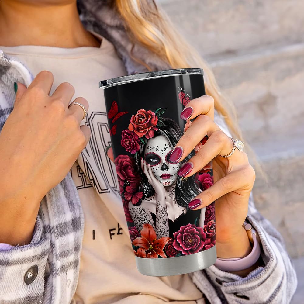 Sugar Skull Tumbler 20oz Stainless Steel Insulated Coffee Travel Mug Cup for Women Girls Gifts for Birthday Christmas Halloween - Image 2