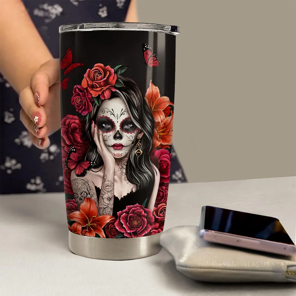 Sugar Skull Tumbler 20oz Stainless Steel Insulated Coffee Travel Mug Cup for Women Girls Gifts for Birthday Christmas Halloween - Image 4