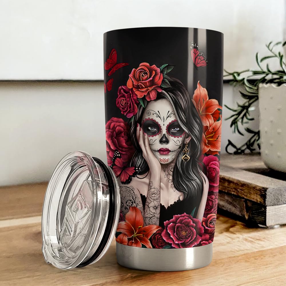 Sugar Skull Tumbler 20oz Stainless Steel Insulated Coffee Travel Mug Cup for Women Girls Gifts for Birthday Christmas Halloween - Image 7