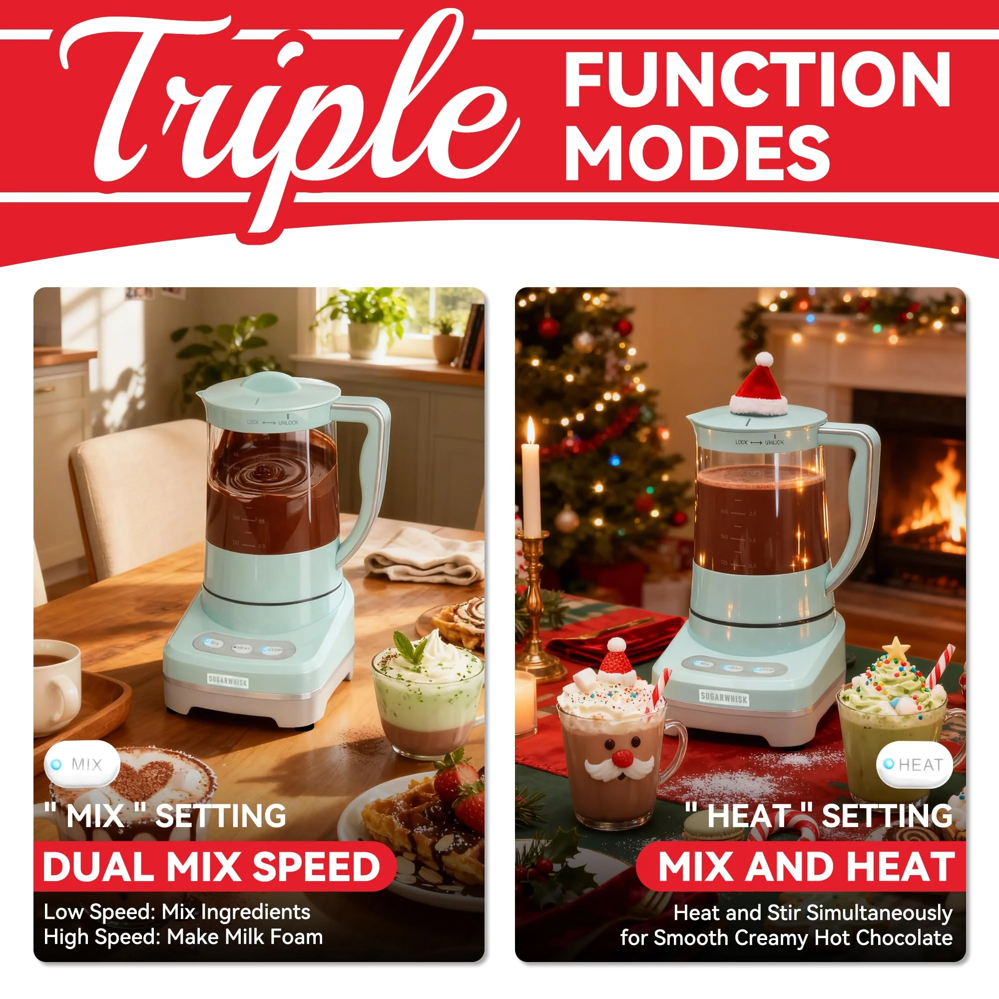 SugarWhisk 29 Oz Hot Chocolate Maker Machine, Electric Milk Frother and Steamer, Hot Cocoa Maker Machine for Hot Chocolate Bar, Detachable Pitcher, 2 Speed Mode, 3.5 Cups, Aqua - Image 5
