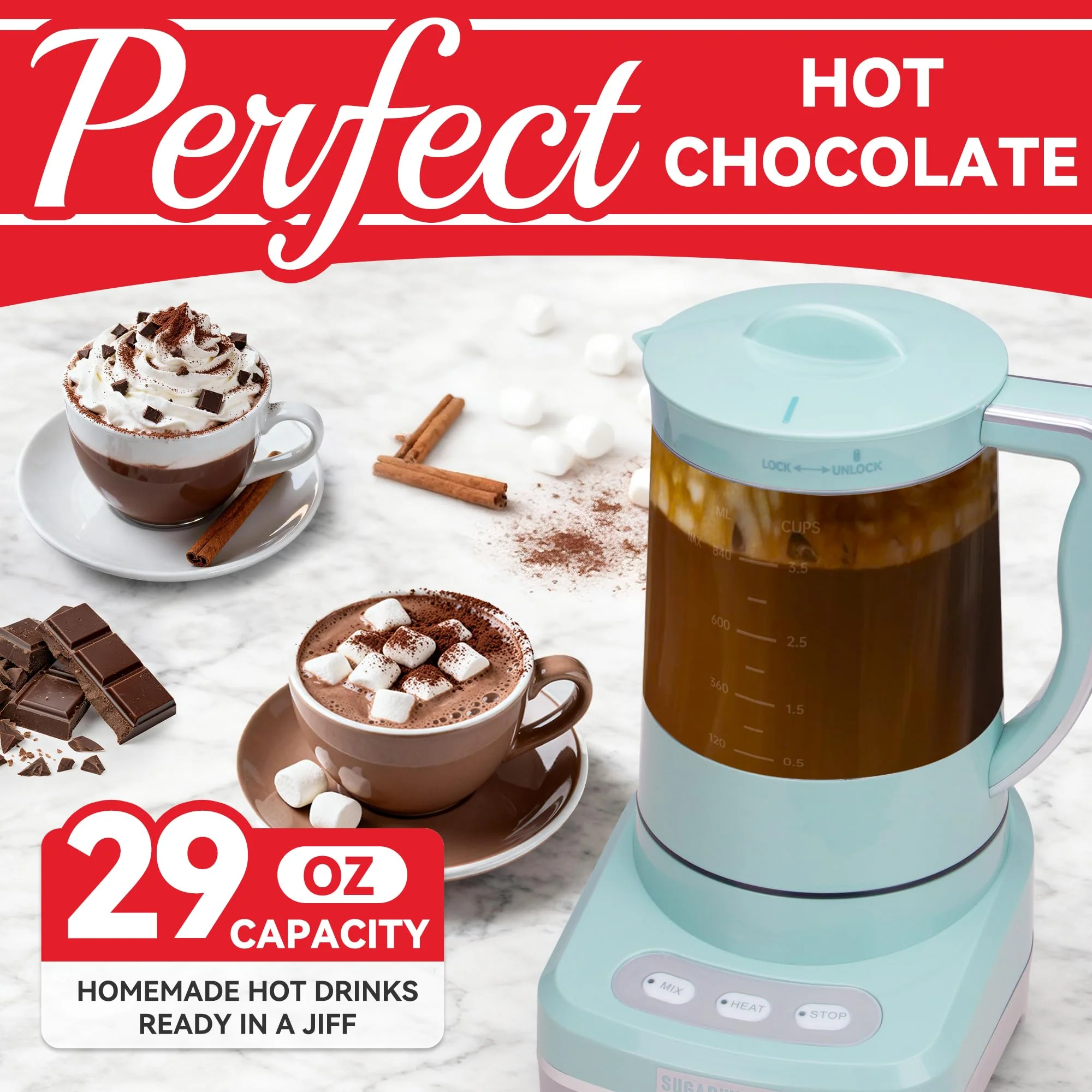 SugarWhisk 29 Oz Hot Chocolate Maker Machine, Electric Milk Frother and Steamer, Hot Cocoa Maker Machine for Hot Chocolate Bar, Detachable Pitcher, 2 Speed Mode, 3.5 Cups, Aqua - Image 7