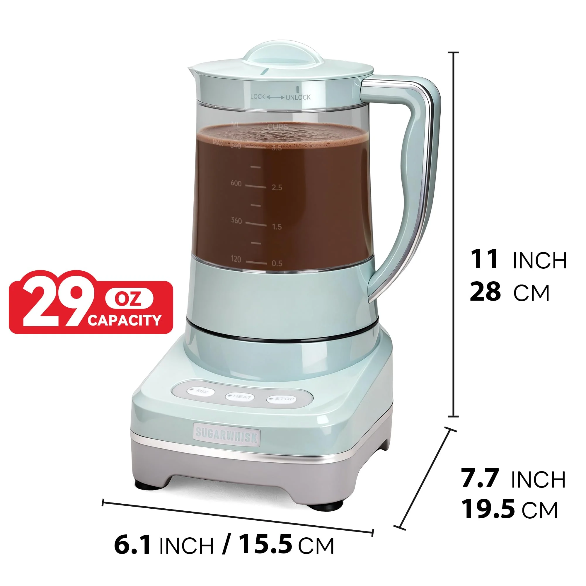 SugarWhisk 29 Oz Hot Chocolate Maker Machine, Electric Milk Frother and Steamer, Hot Cocoa Maker Machine for Hot Chocolate Bar, Detachable Pitcher, 2 Speed Mode, 3.5 Cups, Aqua - Image 2