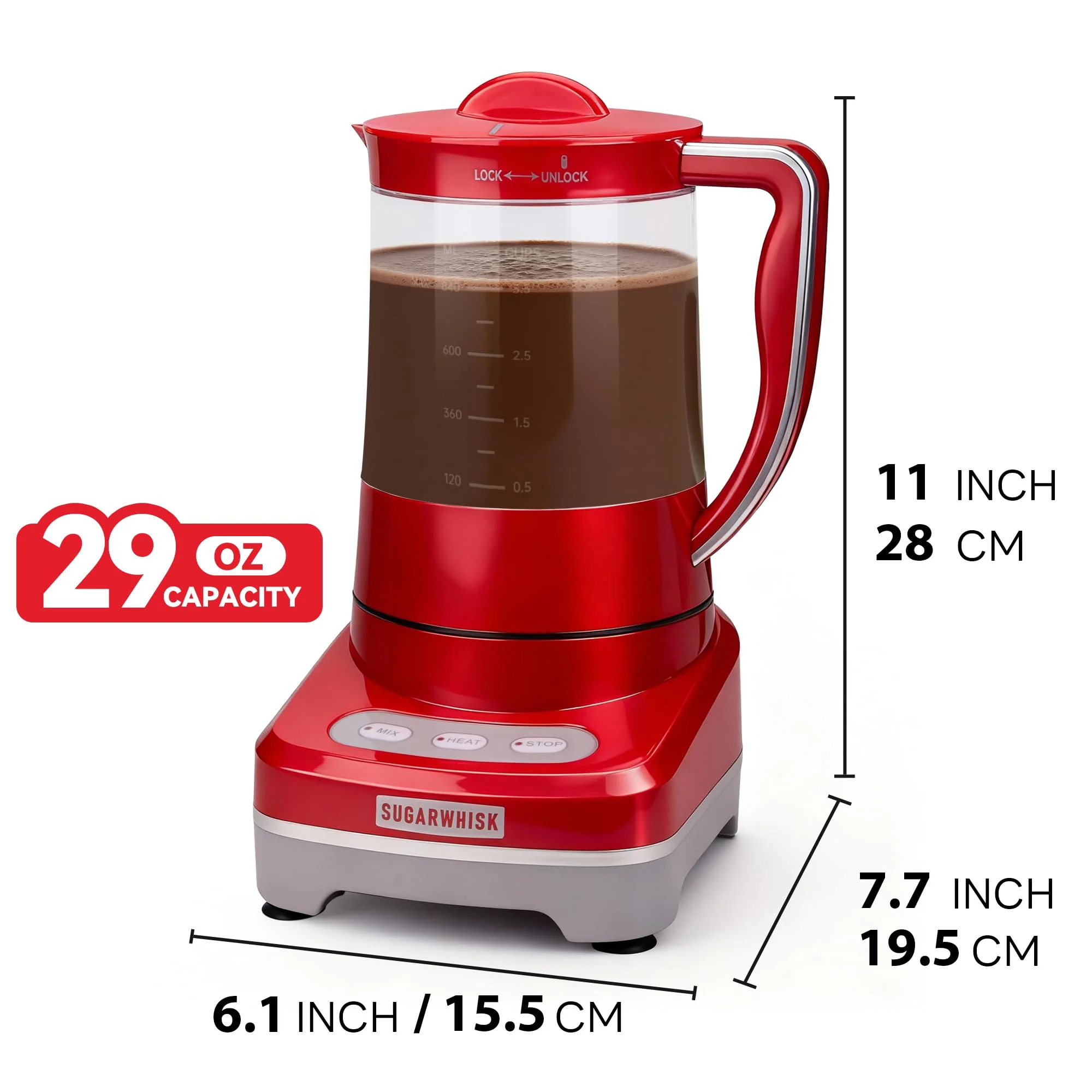 SugarWhisk 29 Oz Hot Chocolate Maker Machine, Electric Milk Frother and Steamer, Hot Cocoa Maker Machine for Hot Chocolate Bar, Detachable Pitcher, 2 Speed Mode, 3.5 Cups, Red - Image 2