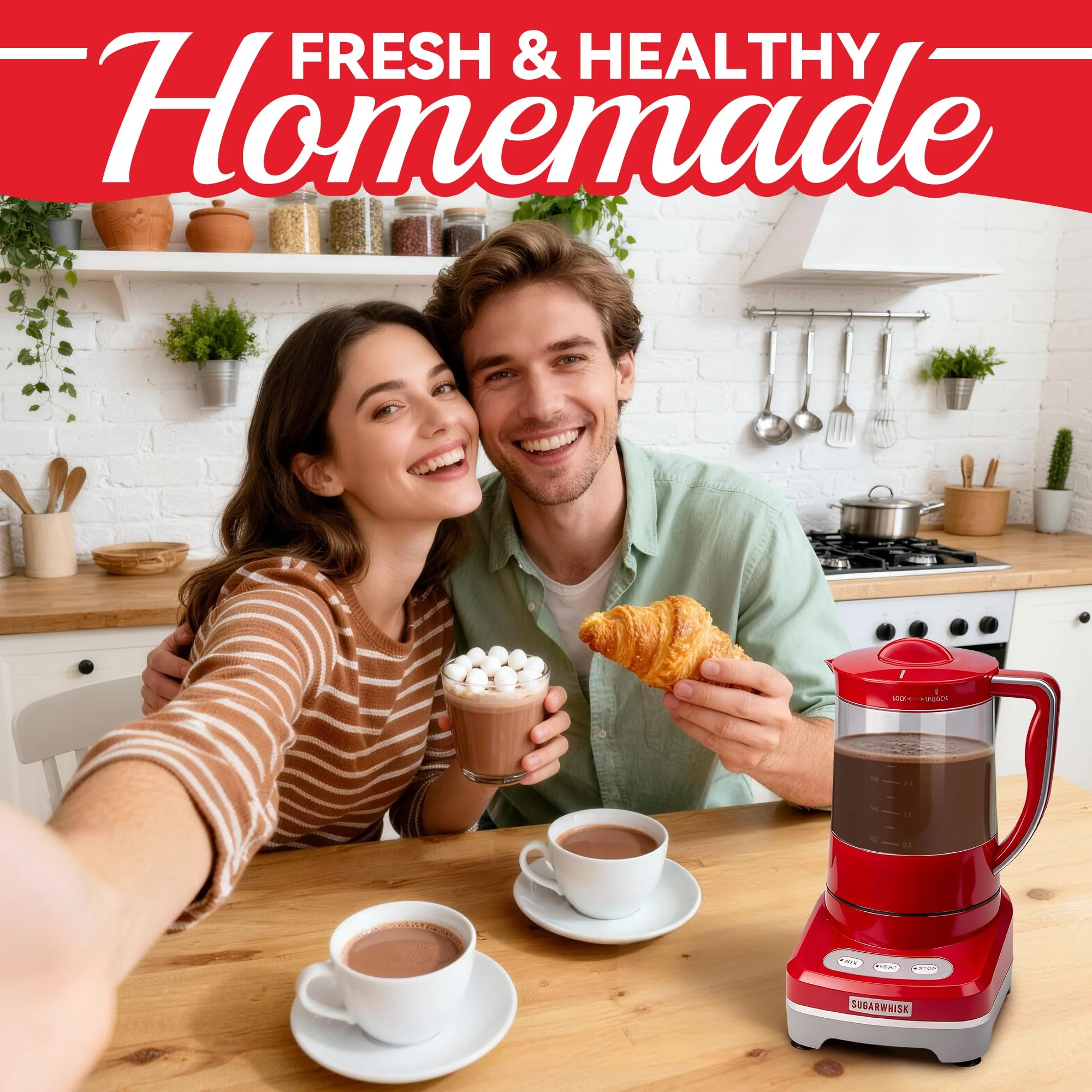 SugarWhisk 29 Oz Hot Chocolate Maker Machine, Electric Milk Frother and Steamer, Hot Cocoa Maker Machine for Hot Chocolate Bar, Detachable Pitcher, 2 Speed Mode, 3.5 Cups, Red - Image 3