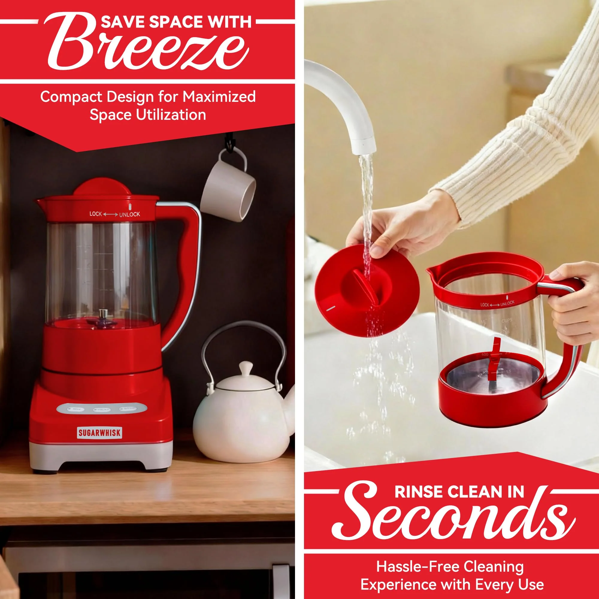 SugarWhisk 29 Oz Hot Chocolate Maker Machine, Electric Milk Frother and Steamer, Hot Cocoa Maker Machine for Hot Chocolate Bar, Detachable Pitcher, 2 Speed Mode, 3.5 Cups, Red - Image 4