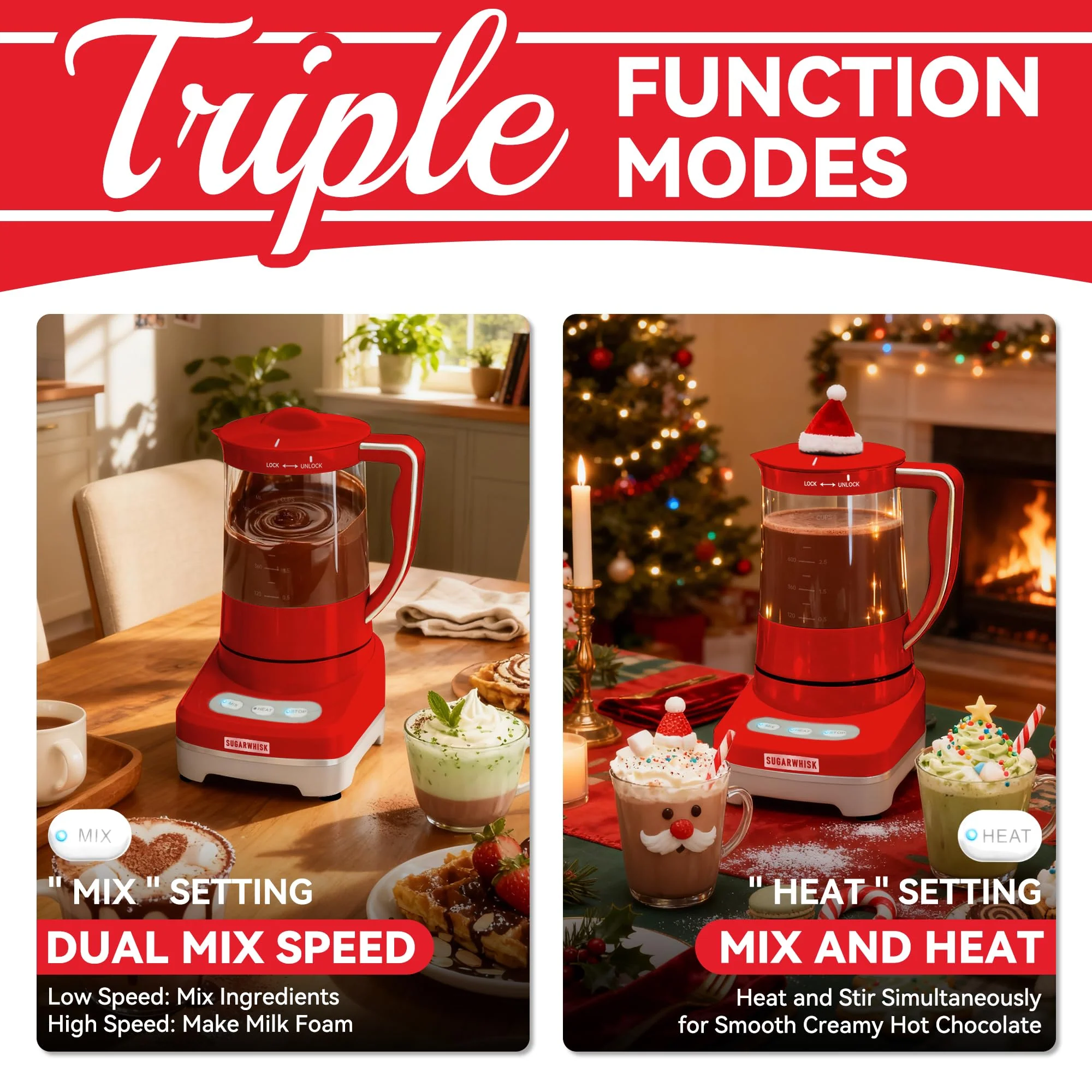 SugarWhisk 29 Oz Hot Chocolate Maker Machine, Electric Milk Frother and Steamer, Hot Cocoa Maker Machine for Hot Chocolate Bar, Detachable Pitcher, 2 Speed Mode, 3.5 Cups, Red - Image 5