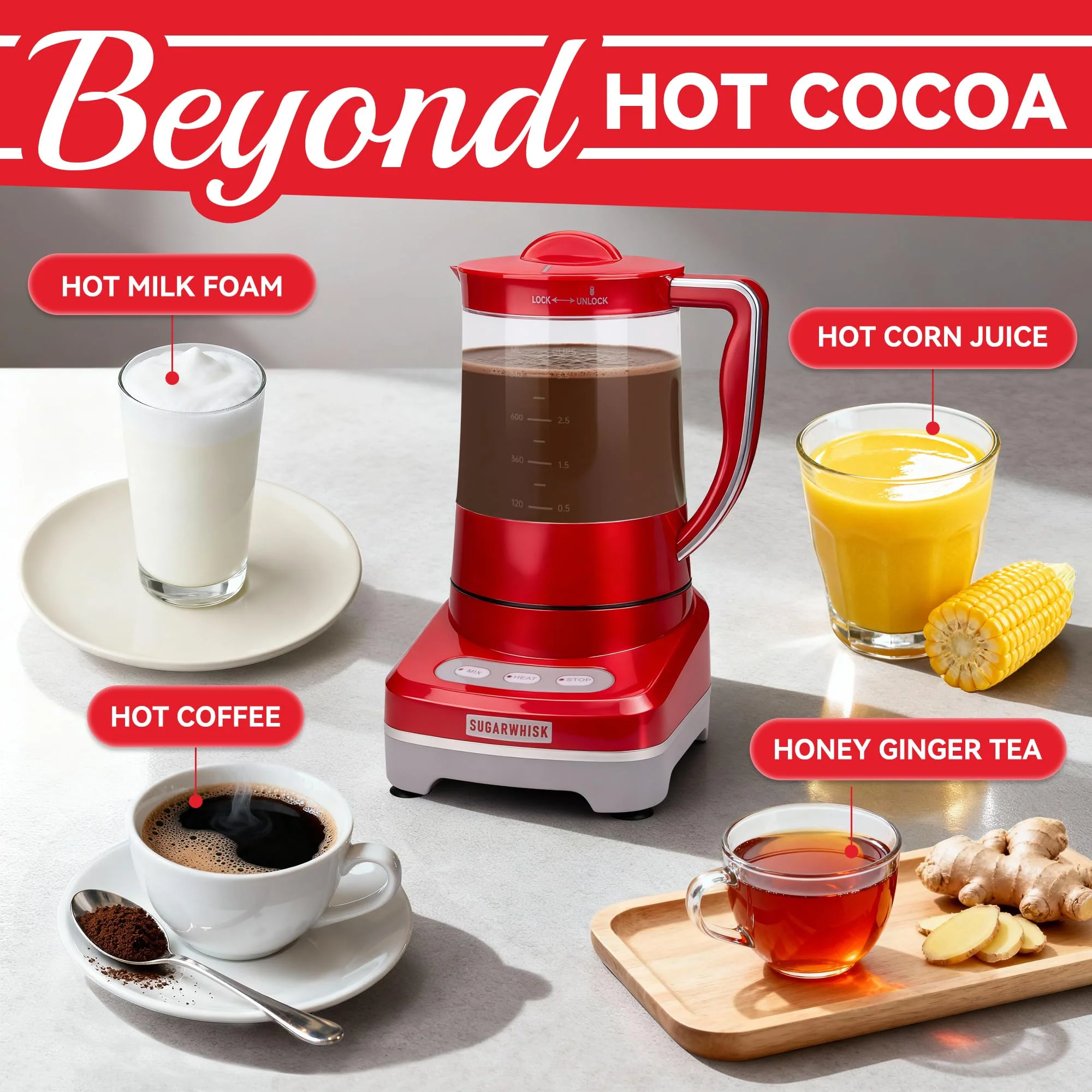 SugarWhisk 29 Oz Hot Chocolate Maker Machine, Electric Milk Frother and Steamer, Hot Cocoa Maker Machine for Hot Chocolate Bar, Detachable Pitcher, 2 Speed Mode, 3.5 Cups, Red - Image 6