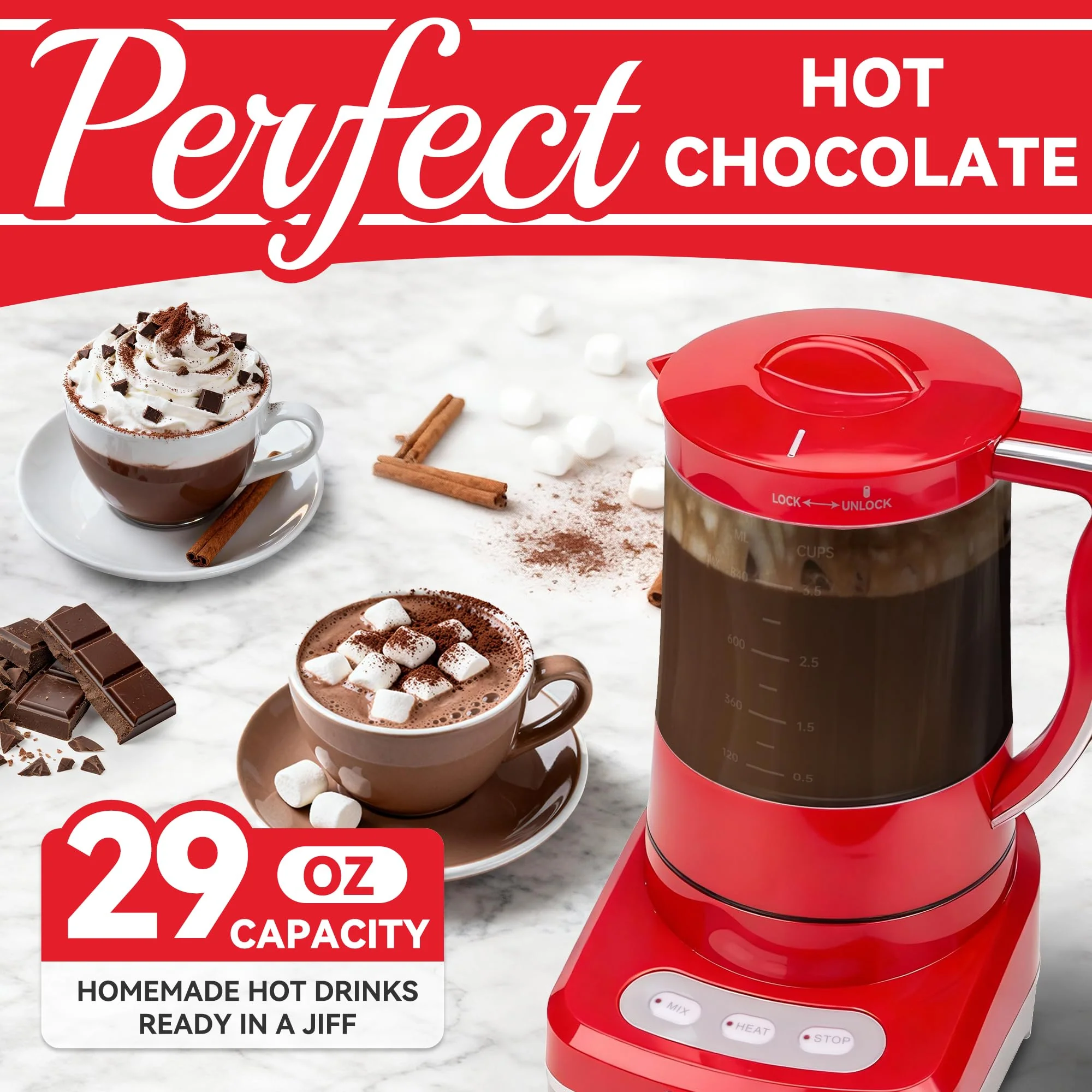 SugarWhisk 29 Oz Hot Chocolate Maker Machine, Electric Milk Frother and Steamer, Hot Cocoa Maker Machine for Hot Chocolate Bar, Detachable Pitcher, 2 Speed Mode, 3.5 Cups, Red - Image 7