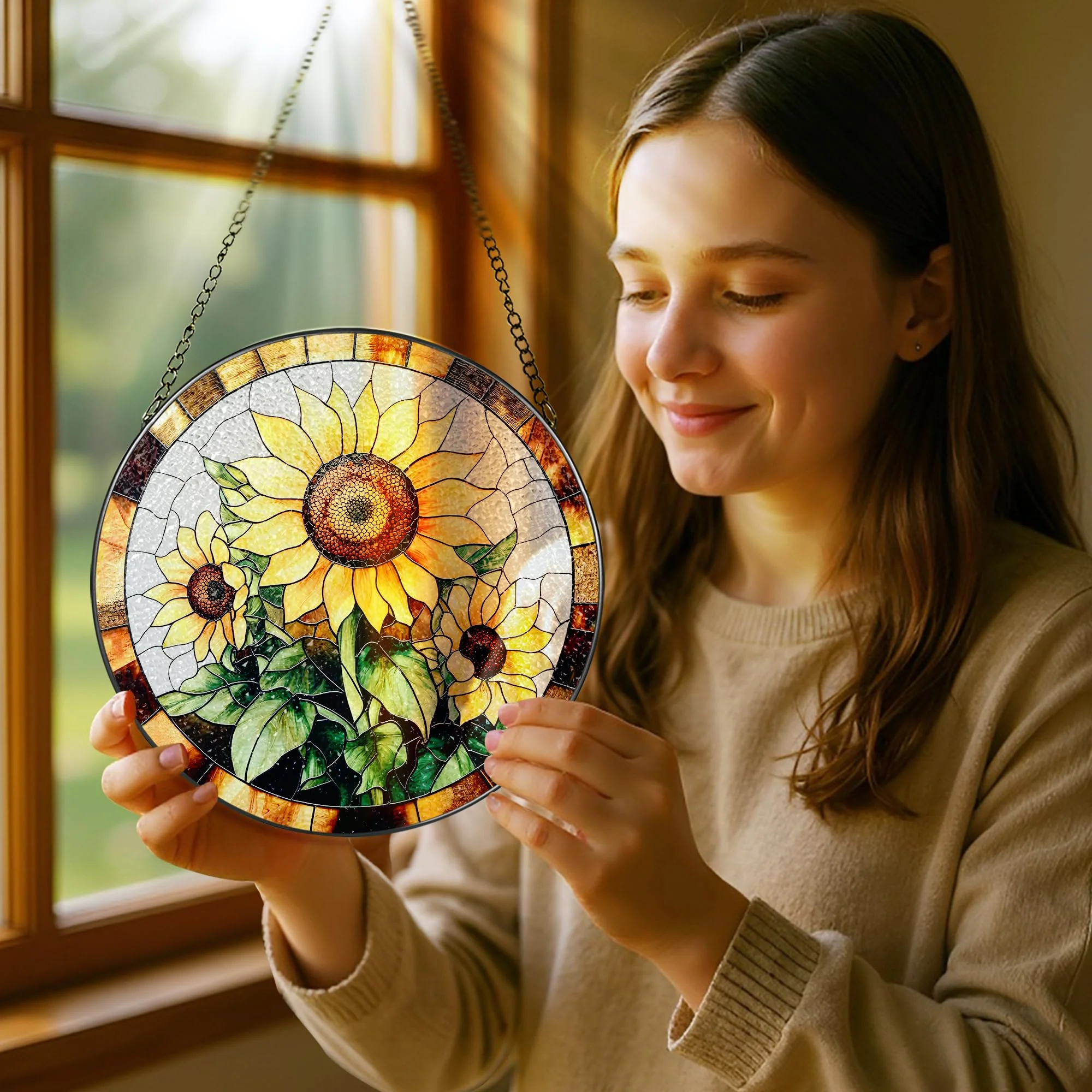 Sunflower Stained Glass Suncatcher, Stained Glass Window Hanging, 8 Inch Sunflower Suncatcher, Sunflower Glass Window Decor, Christmas, Mother's Day, Birthday, Gifts for Mom, Grandma Gift - Image 6
