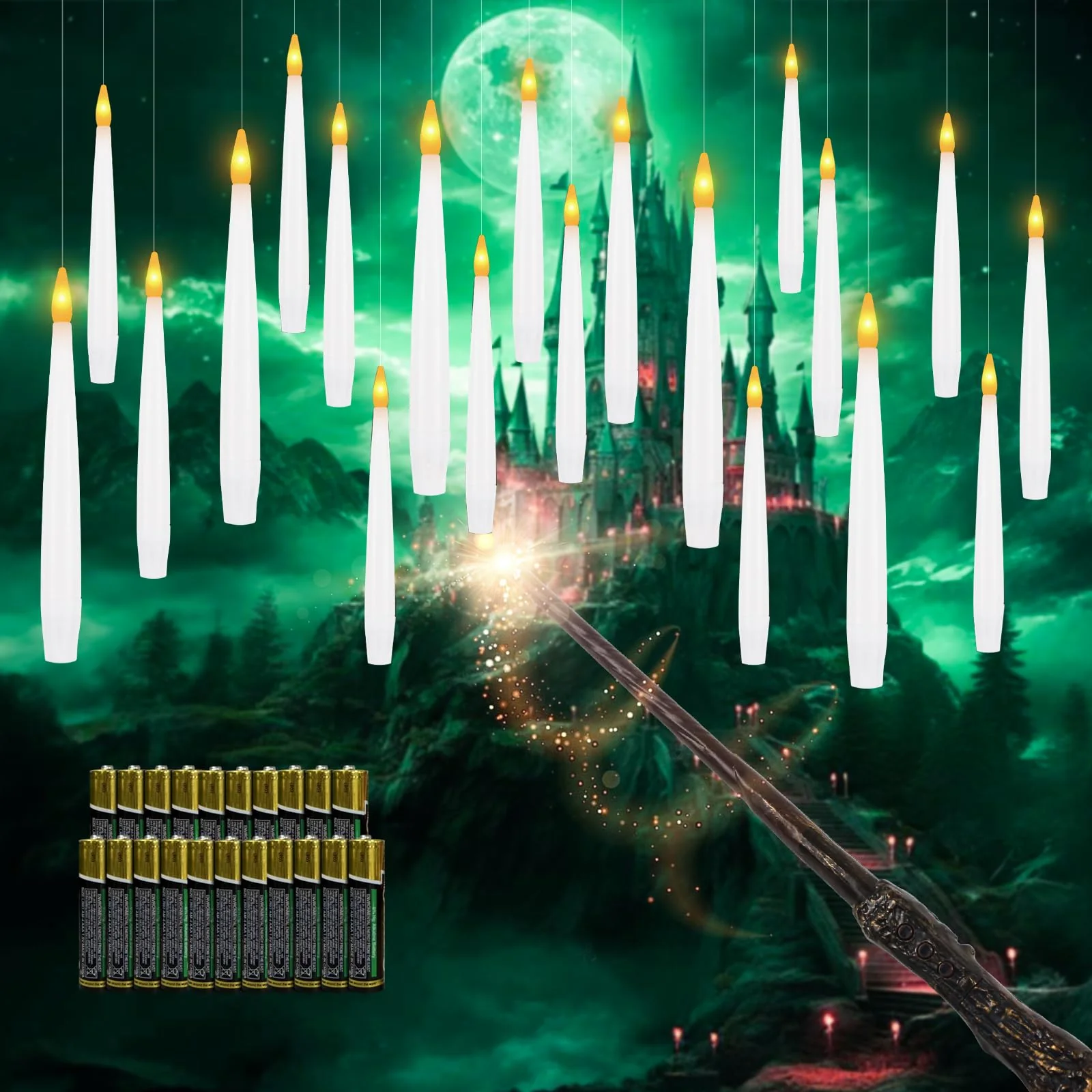 Sunjas 20 PCS Floating Candles with Wand LED Magic Hanging Candle Battery Operated Candle with 21 Batteries Include Flickering Warm Light Floating Candles for Christmas Halloween Decoration