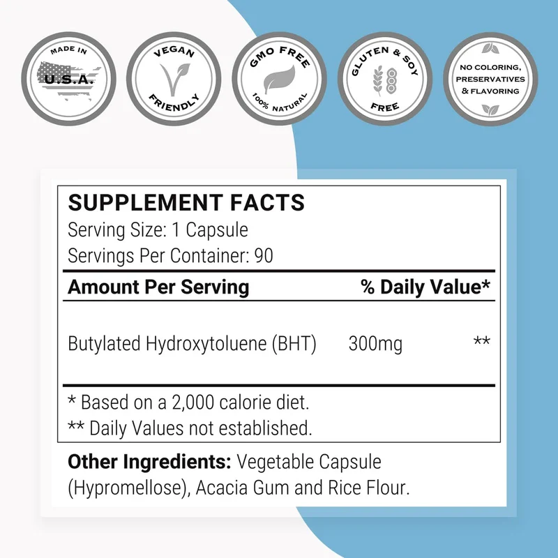 Supersmart Supersmart - BHT 300 mg Per Day - Butylated Hydroxytoluene - Powerful Antioxidant & Immune Support - Anti Aging Supplement | Non-GMO & Gluten Free - 90 Vegetarian Capsules - Image 2