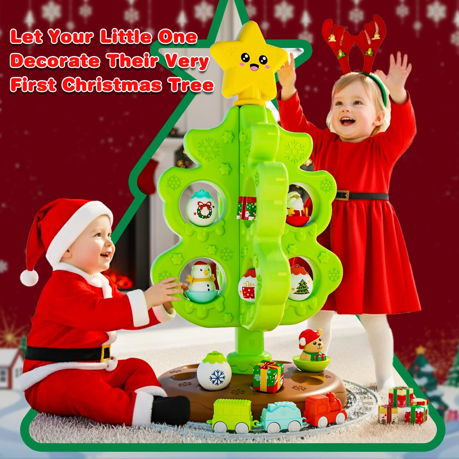 Surelect My First Christmas Tree for Toddlers, Montessori Christmas Decoration Toy with Ornaments, Mini Train Set, Roly Poly Toys, Finger Puppets, Birthday Xmas Gifts for Little Kids Boys and Girls - Image 6