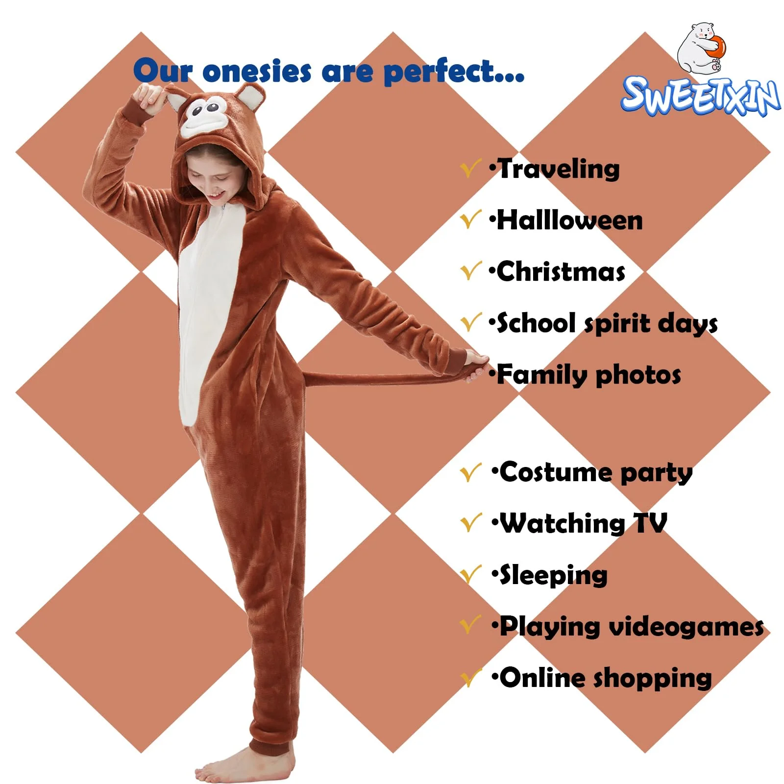 SWEETXIN Adult Unisex Brown Monkey Onesie Pajamas Halloween Christmas Cosplay Costume Suit for Women and Men (Small, Monkey) - Image 2
