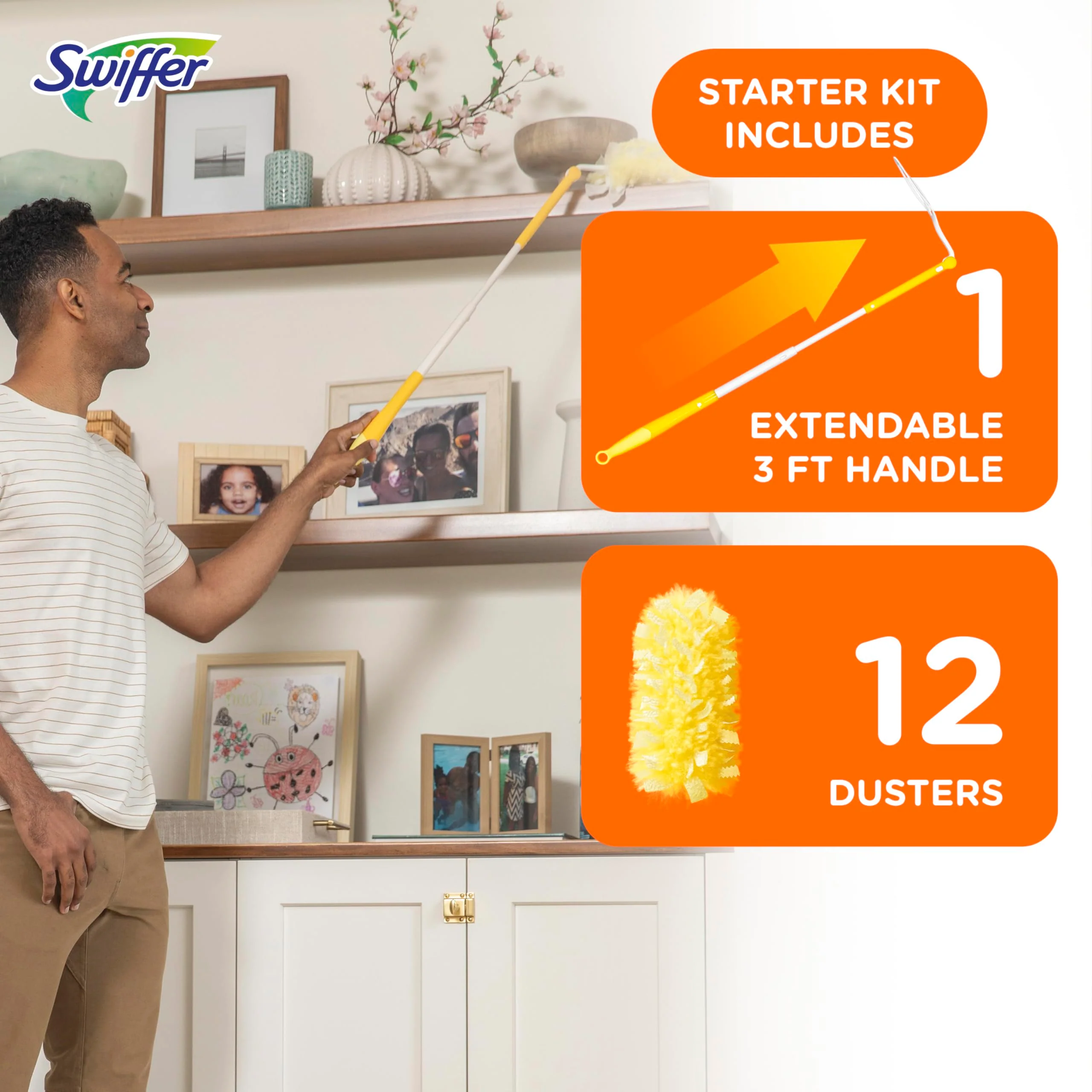 Swiffer Duster Heavy Duty Dusting Kit, Cleaning Supplies, 3 ft Extended Handle, 1 Duster, 12 Refills - Image 4