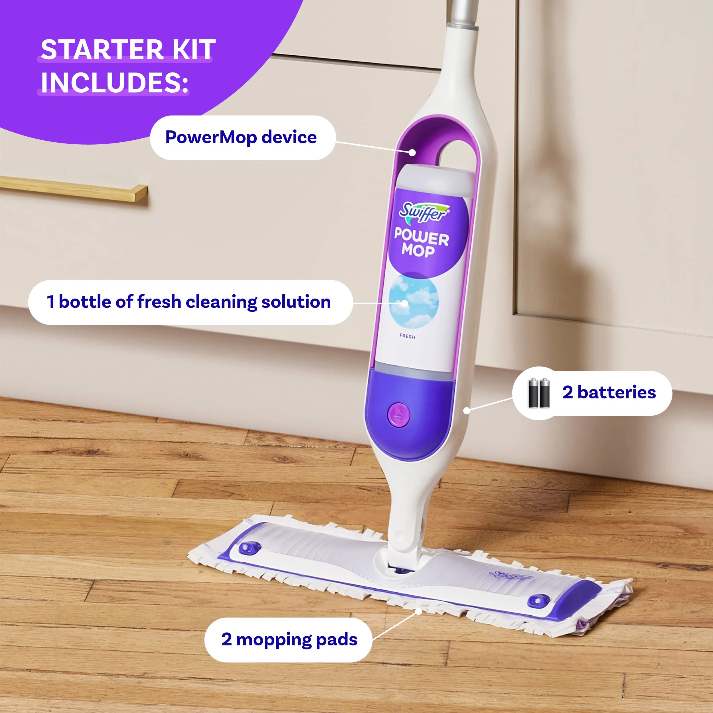 Swiffer PowerMop Multi-Surface Mop Kit for Floor Cleaning, Includes PowerMop, 2 Mopping Pad Refills, 1 Cleaning Solution with Fresh Scent and 2 Batteries - Image 7