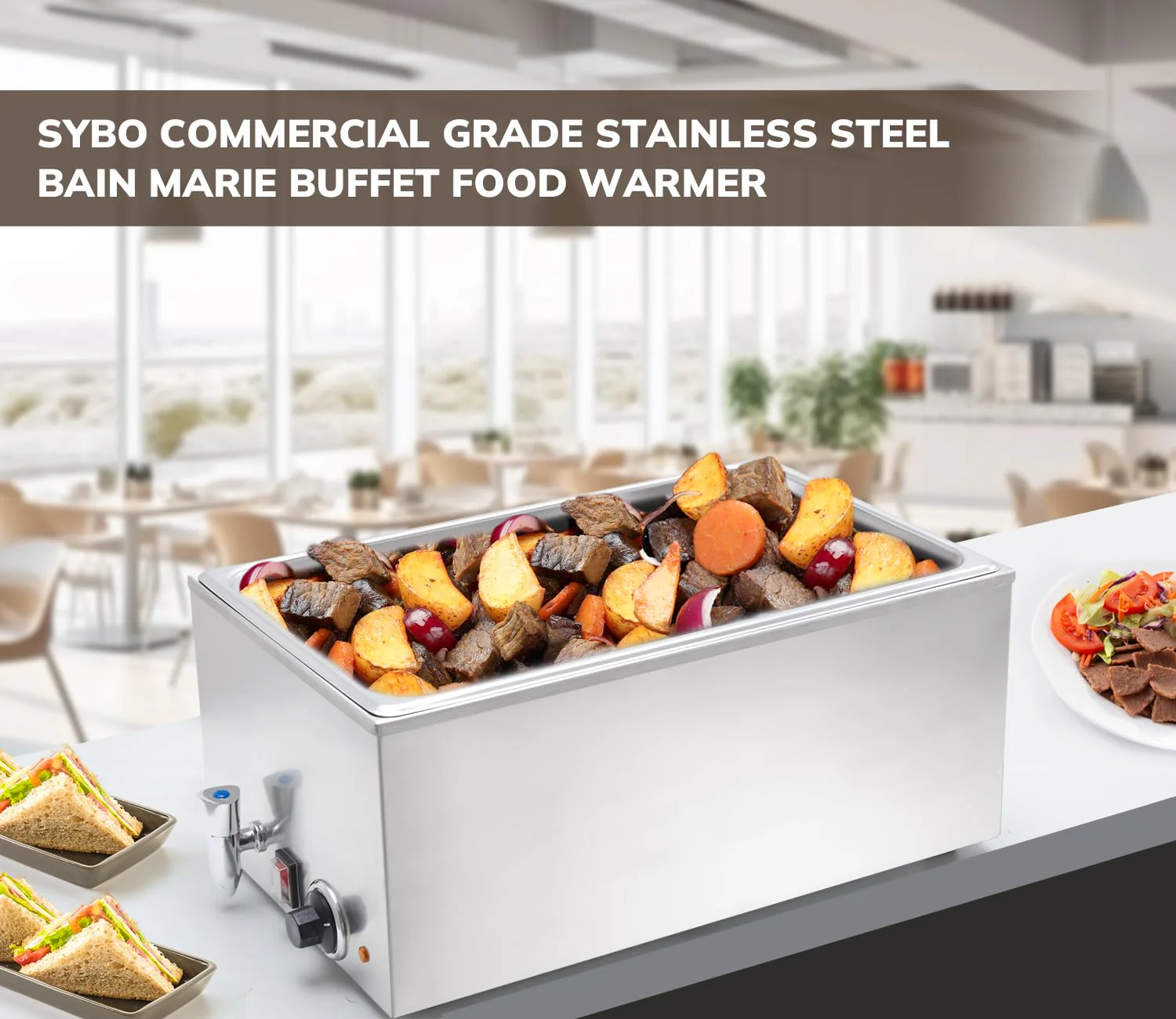 SYBO Commercial Grade Stainless Steel Bain Marie Buffet Food Warmer Steam Table for Catering and Restaurants (1 Section with Tap) - Image 7