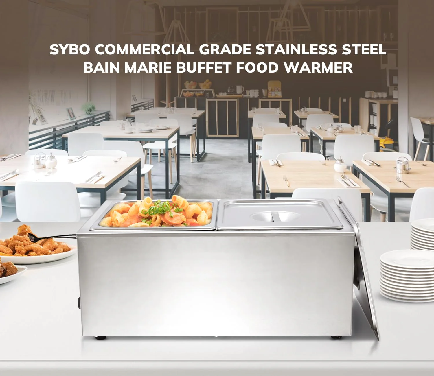 SYBO Commercial Grade Stainless Steel Bain Marie Buffet Food Warmer Steam Table for Catering and Restaurants (2 Sections with Tap) - Image 2