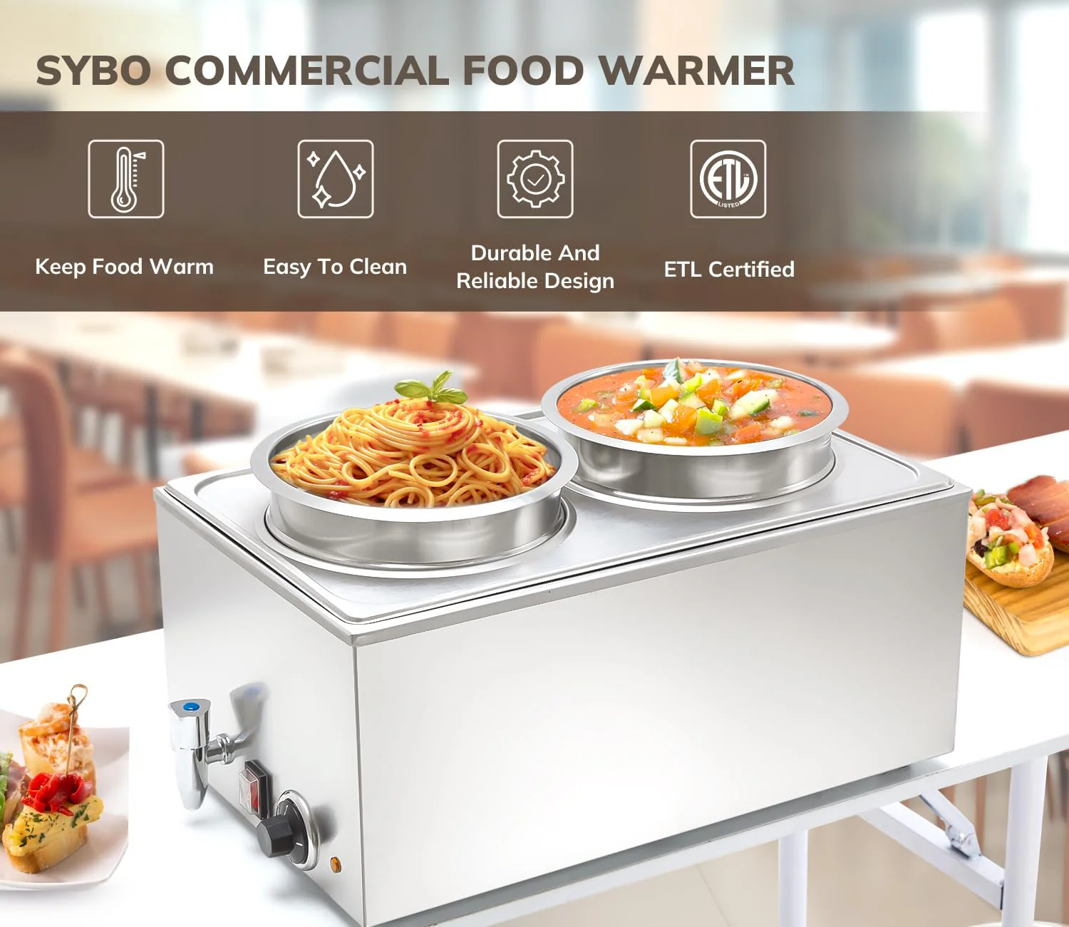SYBO Food Warmer Steam Table Easy to Clean Commercial Grade Stainless Steel Bain Marie Buffet for Catering and Restaurants ETL, CE ROHS Certified for Commercial, Safety (2 Round Pots with Tap) - Image 7