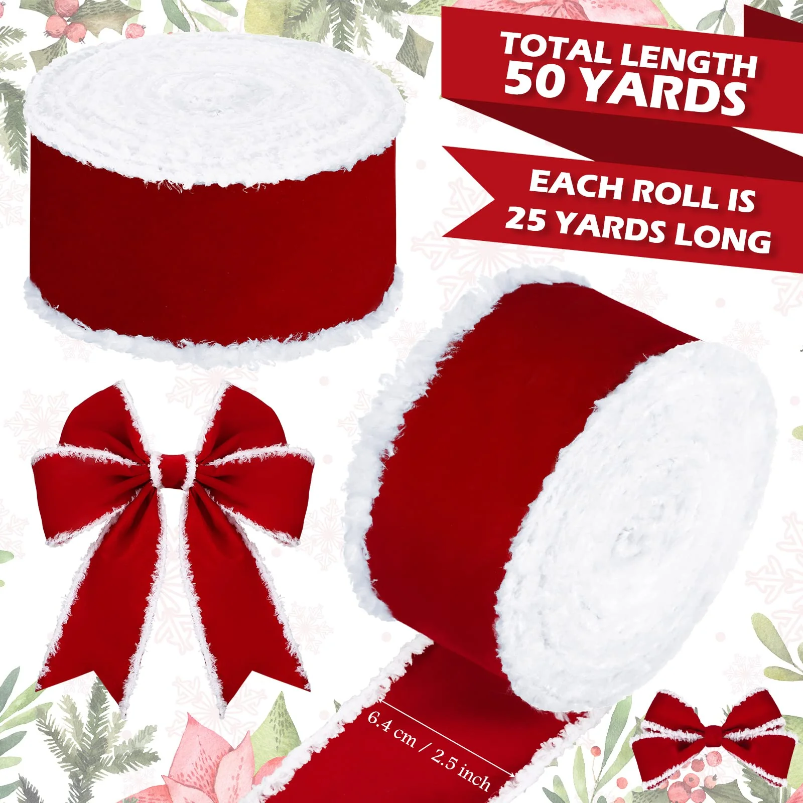 Syhood 2 Rolls Christmas Velvet Decorative Ribbons Rolls Craft DIY Fabric Cloth Wire Edge Ribbons for Craft Christmas Holiday Decoration(2.5 Inch x 50 Yard,Red) - Image 6