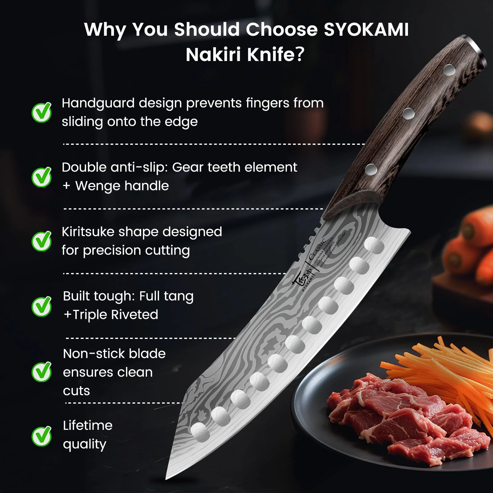 SYOKAMI Japanese Kitchen Knife, 8.2 Inch Chef Knife, Carbon Steel Kiritsuke, Razor Sharp Santoku for Precision Cutting, Damascus Pattern, Full Tang Wood Handle,Thanksgiving Christmas Cooking Gifts - Image 5