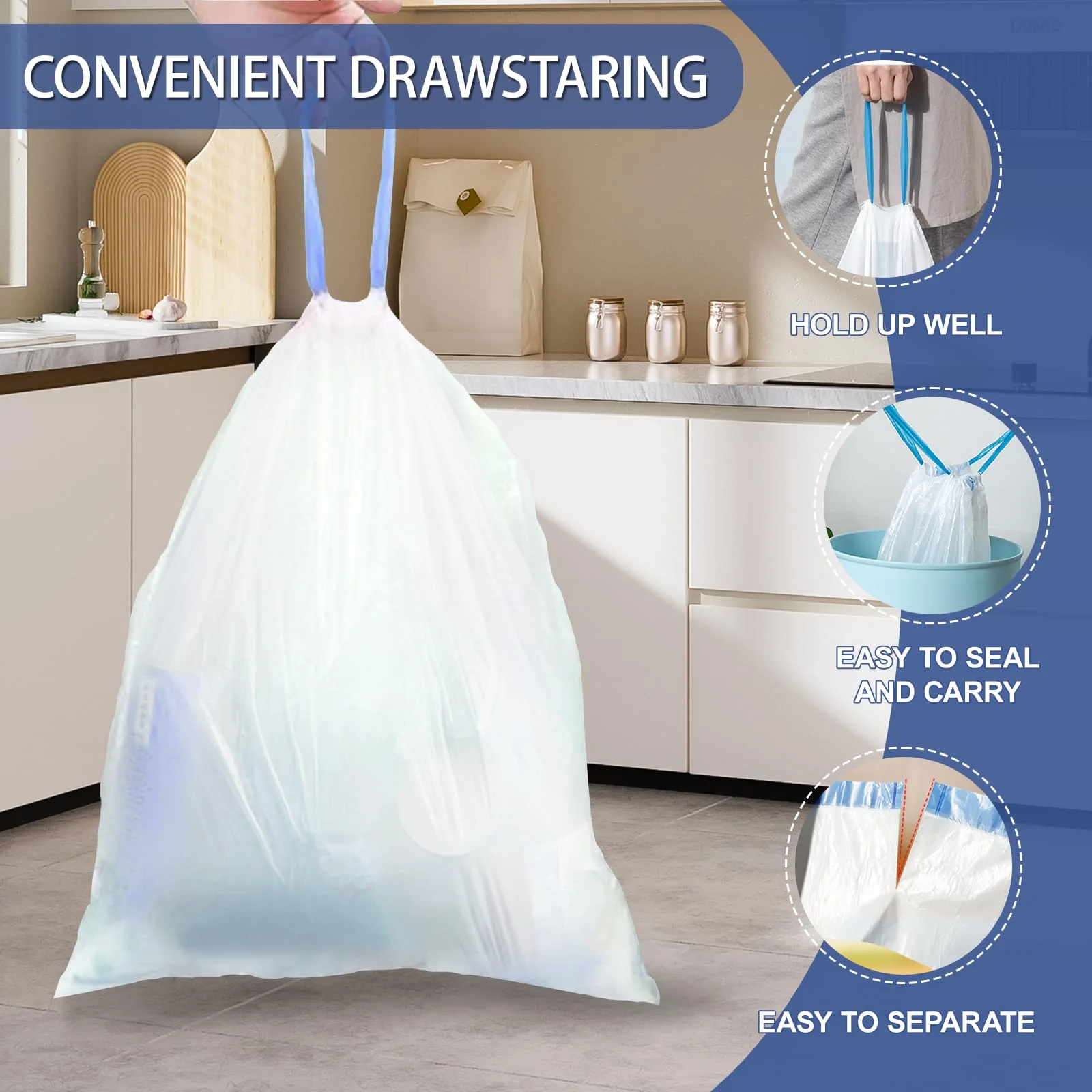 T.FORING 10 Gallon Trash Bags with Drawstring - 120 Count Heavy Duty 1.2 Mil Garbage Bags 38 Liter Unscented White Kitchen Bin Liners for Home & Office - Image 2