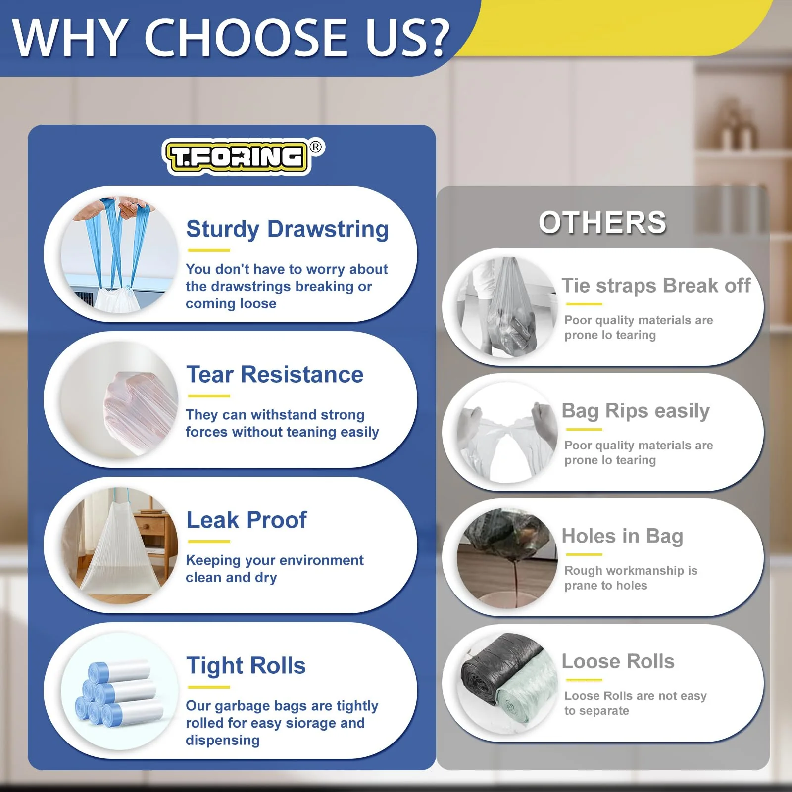 T.FORING 10 Gallon Trash Bags with Drawstring - 120 Count Heavy Duty 1.2 Mil Garbage Bags 38 Liter Unscented White Kitchen Bin Liners for Home & Office - Image 7