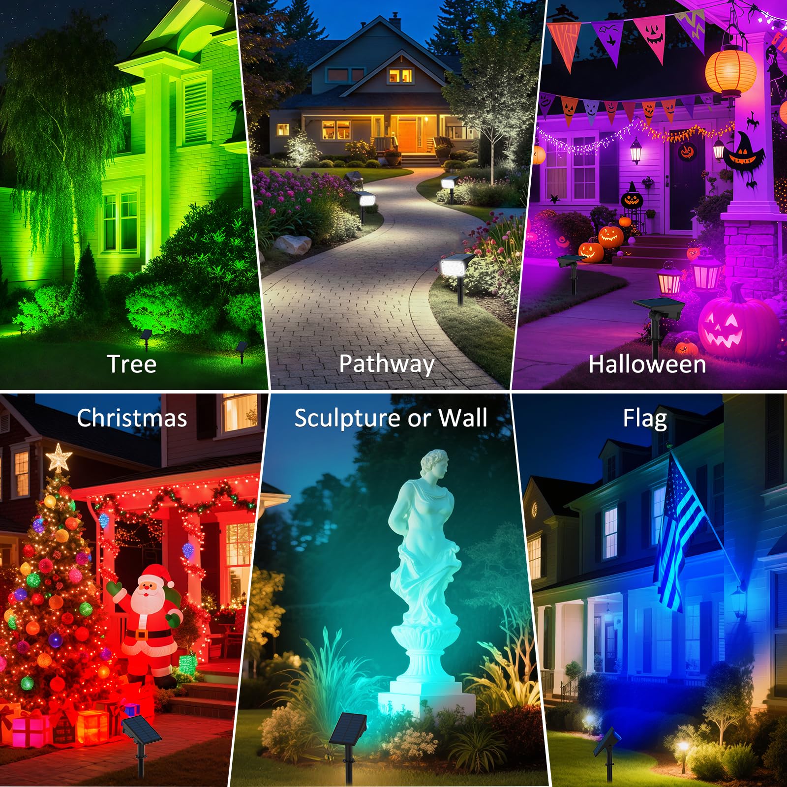 T-SUNUS Halloween Solar Color Landscape Spotlights Outdoor, IP65 Waterproof RGB Spot Light 2 Pack Auto Dusk to Dawn Landscaping Wall Lights for Christmas Tree Yard Garden Driveway Porch Walkway Pond - Image 2
