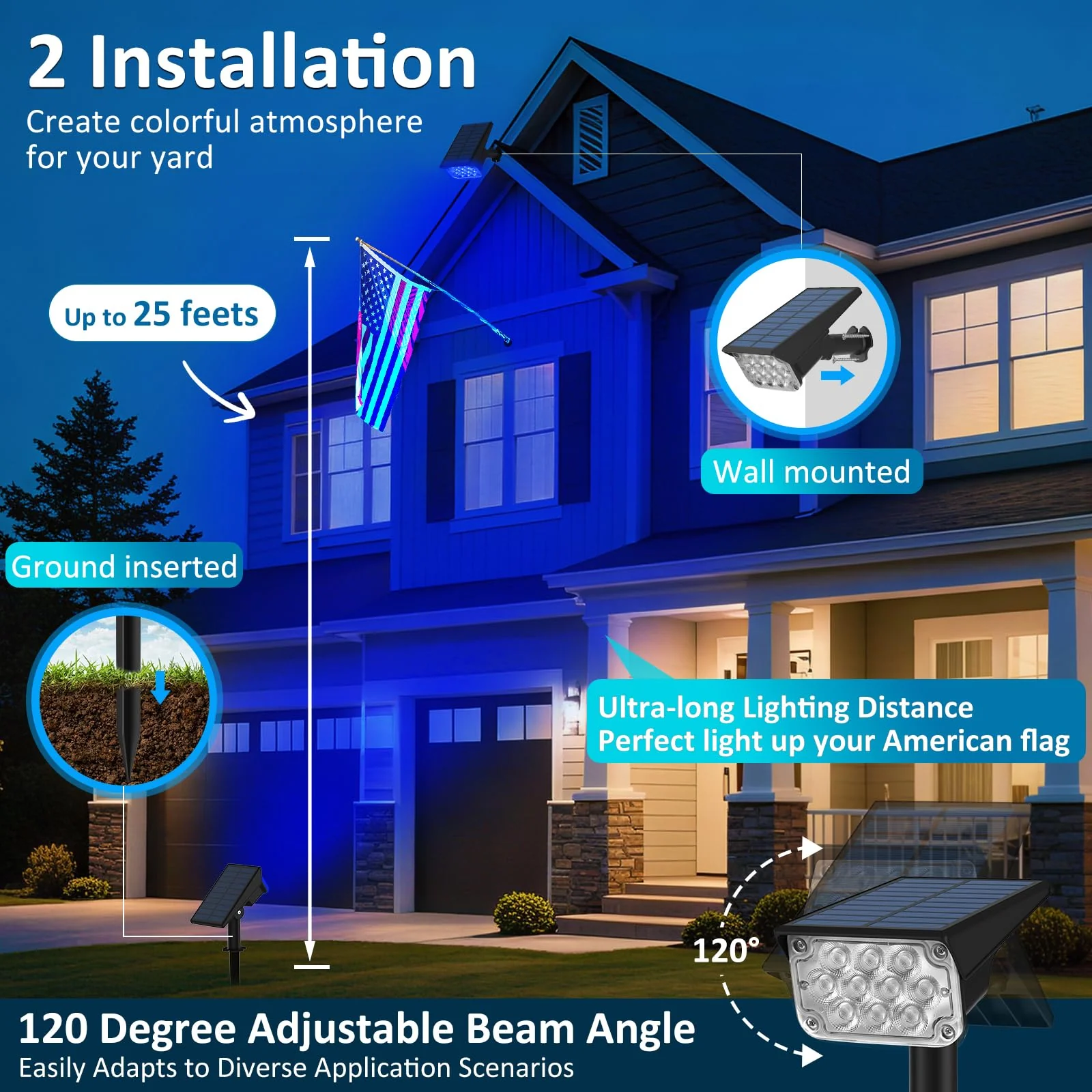 T-SUNUS Halloween Solar Color Landscape Spotlights Outdoor, IP65 Waterproof RGB Spot Light 2 Pack Auto Dusk to Dawn Landscaping Wall Lights for Christmas Tree Yard Garden Driveway Porch Walkway Pond - Image 3