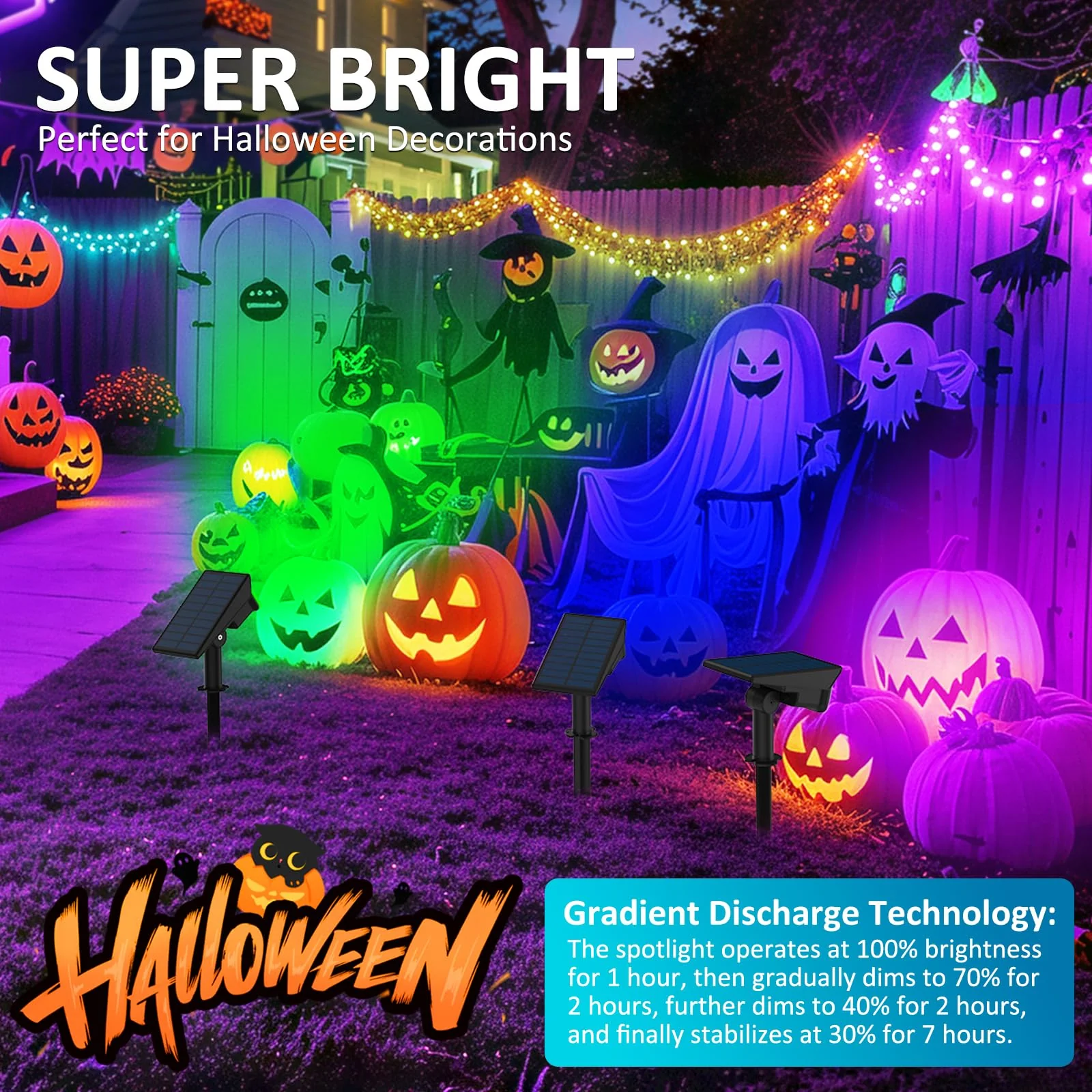 T-SUNUS Halloween Solar Color Landscape Spotlights Outdoor, IP65 Waterproof RGB Spot Light 2 Pack Auto Dusk to Dawn Landscaping Wall Lights for Christmas Tree Yard Garden Driveway Porch Walkway Pond - Image 4