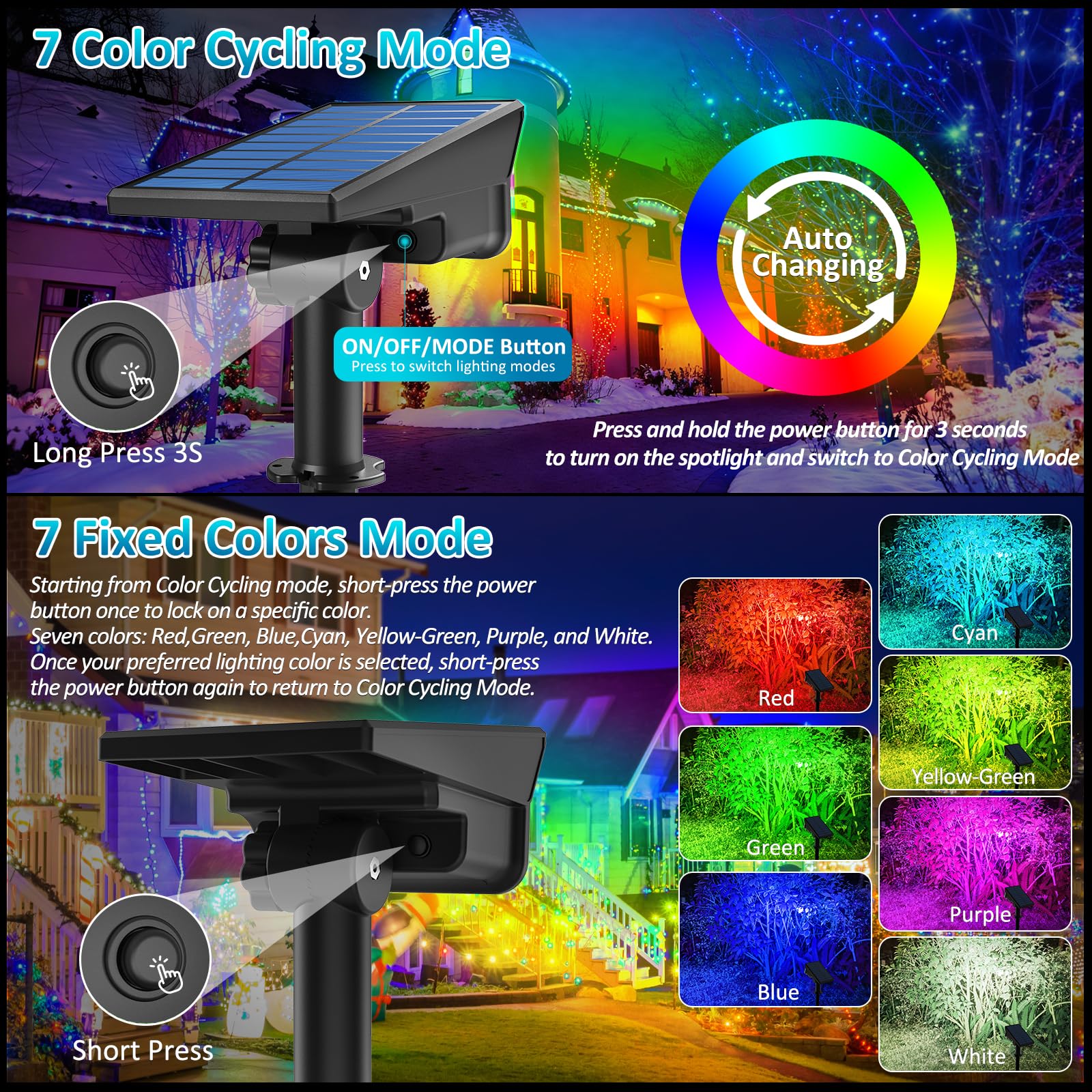 T-SUNUS Halloween Solar Color Landscape Spotlights Outdoor, IP65 Waterproof RGB Spot Light 2 Pack Auto Dusk to Dawn Landscaping Wall Lights for Christmas Tree Yard Garden Driveway Porch Walkway Pond - Image 7
