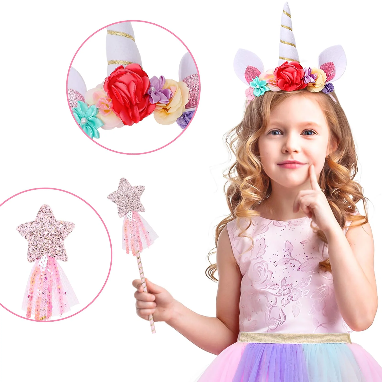 Tacobear 8pcs Unicorn Costume for Girl with Fluffy Glove, Leg Warmer, Feather Wings, Tutu Skirt, Headband, Wand, Halloween Christmas Birthday Gift Toy Dress Up Clothes Unicorn Dress for Girl 4 5 6 7 8 - Image 3