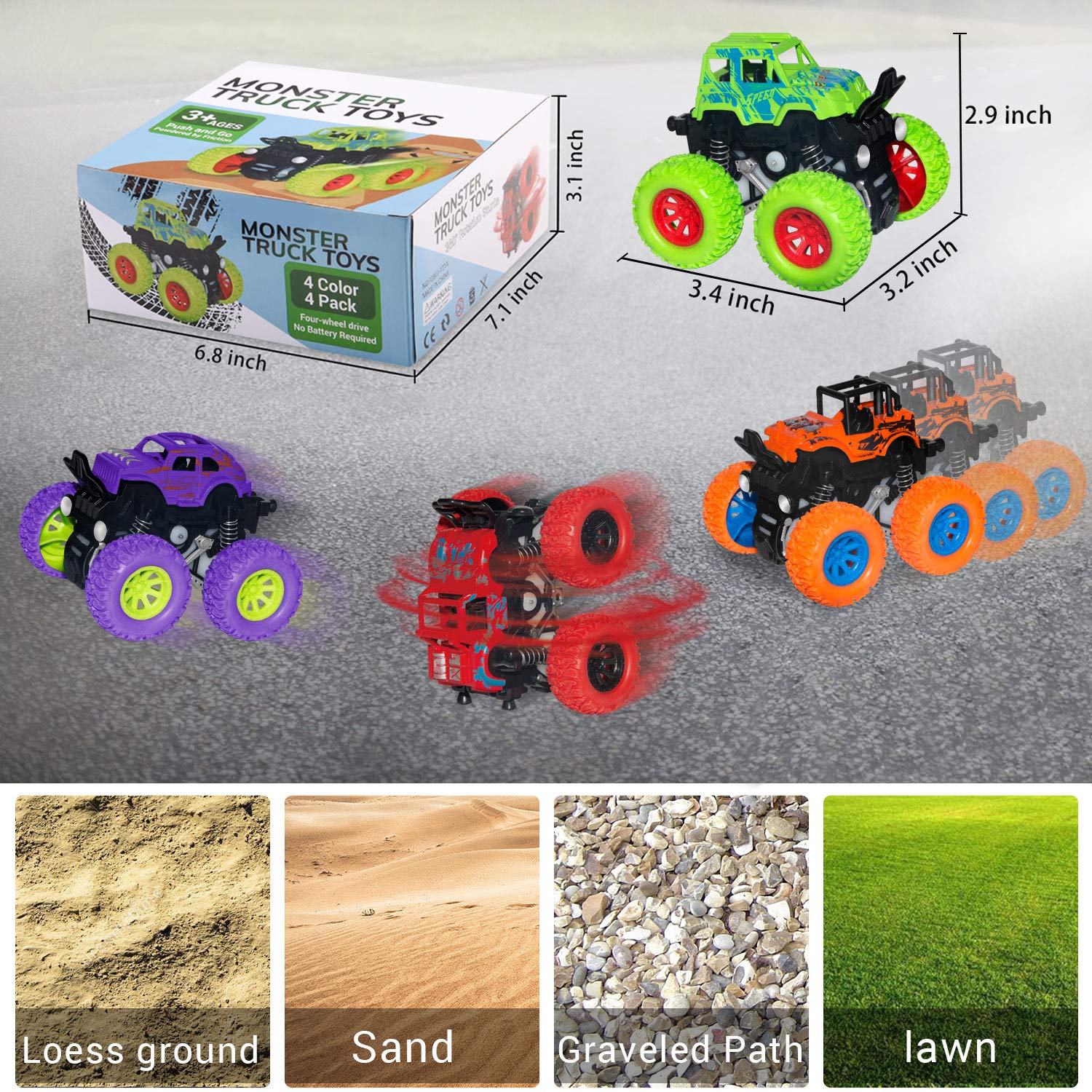 taessv Monster Truck Toys - Friction Powered Toy Cars Push and Go Vehicles for Toddlers Kids Best Christmas Birthday Party Gift for Boys Girls Aged 3 and Above 4-Pack - Image 4