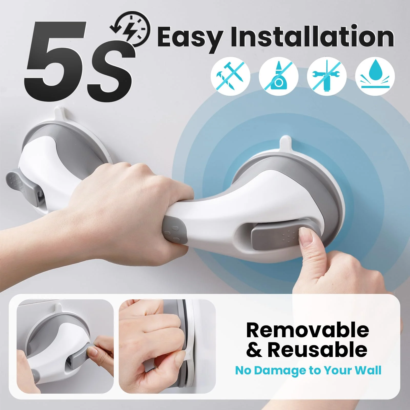 TAILI Shower Grab Bar, 2 Pack 12 Inch Suction Grab Bars for Bathtubs and Showers for Elderly, Shower Handle for Seniors Bathroom Safety Grip, No Drilling Removable,Grey - Image 7