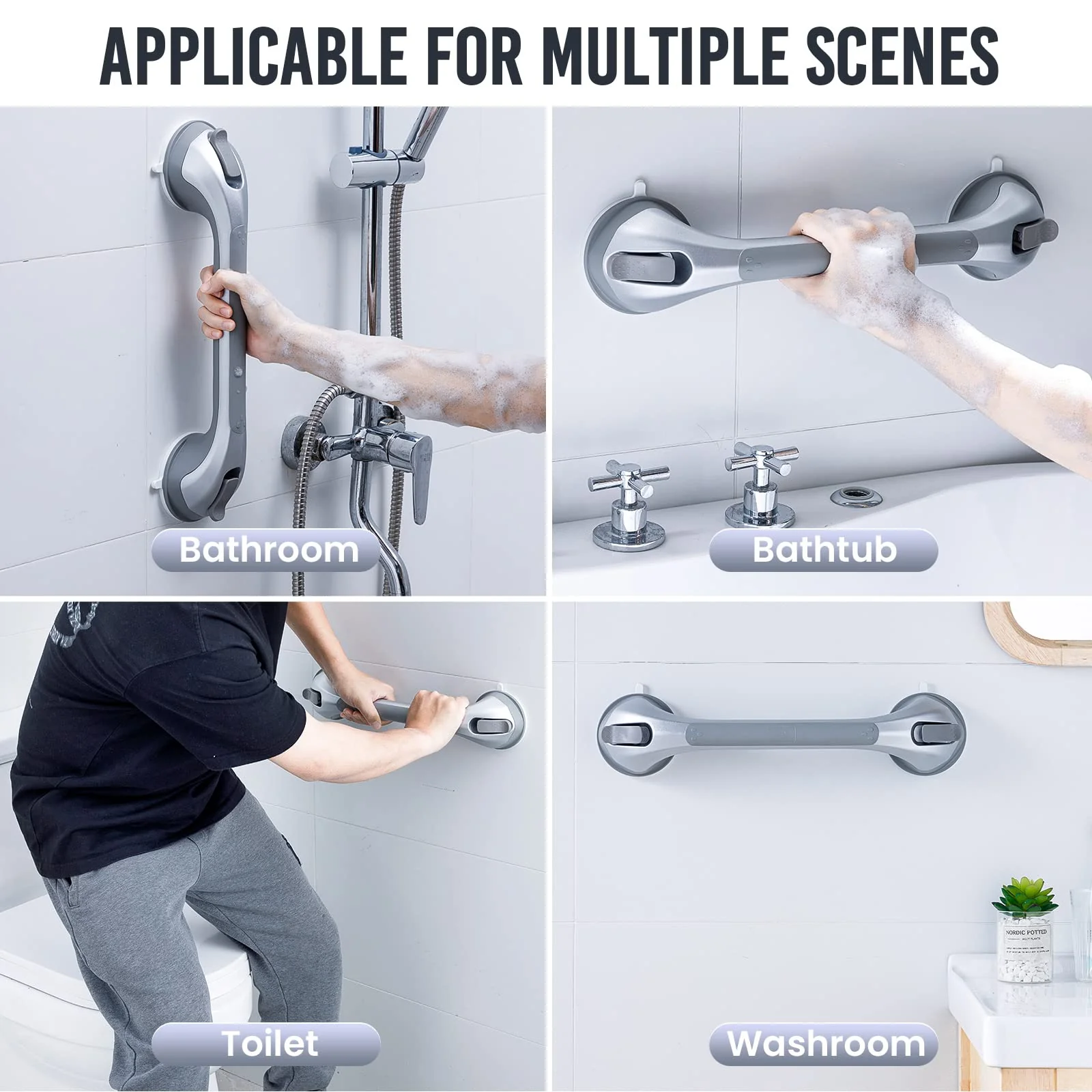 TAILI Shower Grab Bar 2 Pack 16 Inch Suction Grab Bars for Bathtubs & Showers, Heavy Duty Shower Handle Removable Shower Handrails for Elderly and Seniors, No Drilling Waterproof, Silver - Image 3