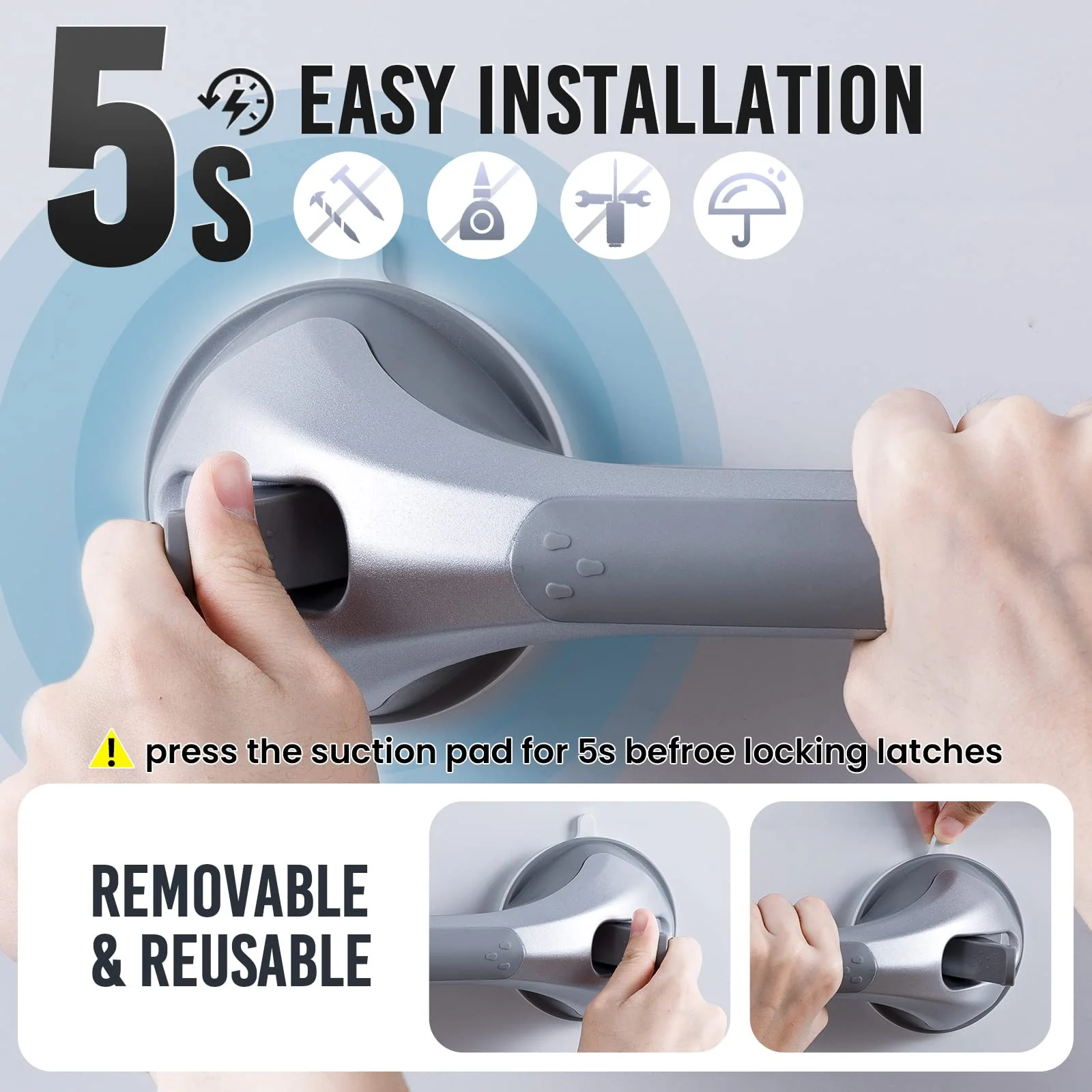 TAILI Shower Grab Bar 2 Pack 16 Inch Suction Grab Bars for Bathtubs & Showers, Heavy Duty Shower Handle Removable Shower Handrails for Elderly and Seniors, No Drilling Waterproof, Silver - Image 7