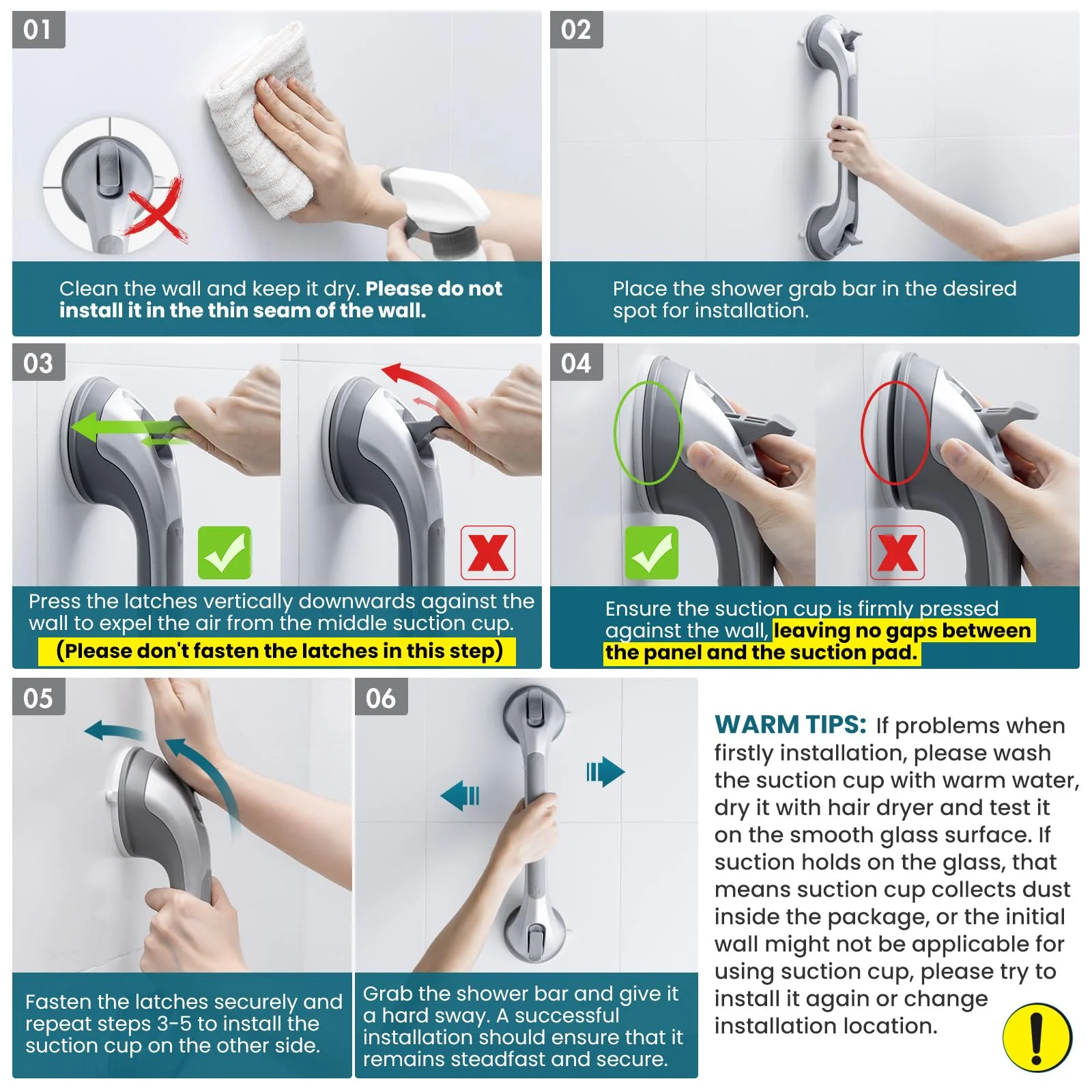 TAILI Shower Grab Bar 2 Pack 16 Inch Suction Grab Bars for Bathtubs & Showers, Heavy Duty Shower Handle Removable Shower Handrails for Elderly and Seniors, No Drilling Waterproof, Silver - Image 8