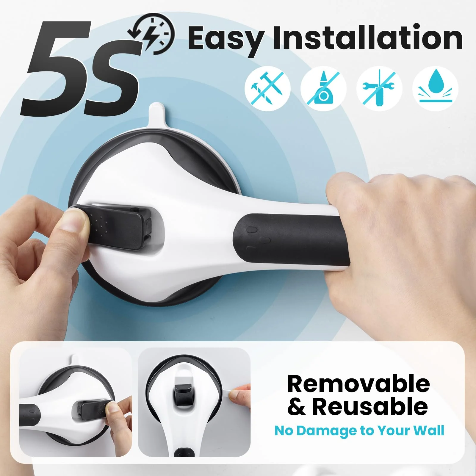 TAILI Shower Grab Bar 2 Pack Suction Grab Bars for Bathtubs and Showers, Heavy Duty Shower Handle Removable Shower Handrails for Seniors and Elderly, Bathroom Safety Grip No Drilling Waterproof, Black - Image 6