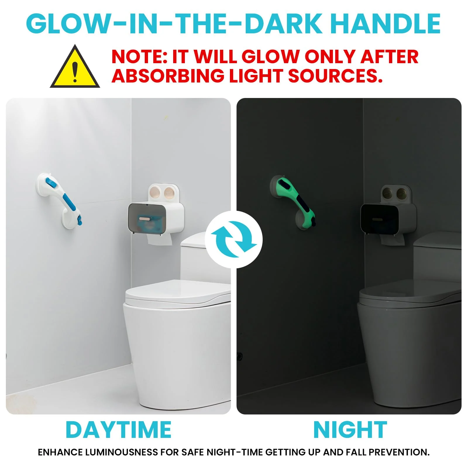 TAILI Shower Grab Bar Glow in The Dark, 2 Pack 12.2 in Grab Bars for Bathtubs and Showers,Shower Handles Shower Rails for Seniors and Elderly,Bathroom Safety Grip Removable No Drilling Waterproof Blue - Image 9