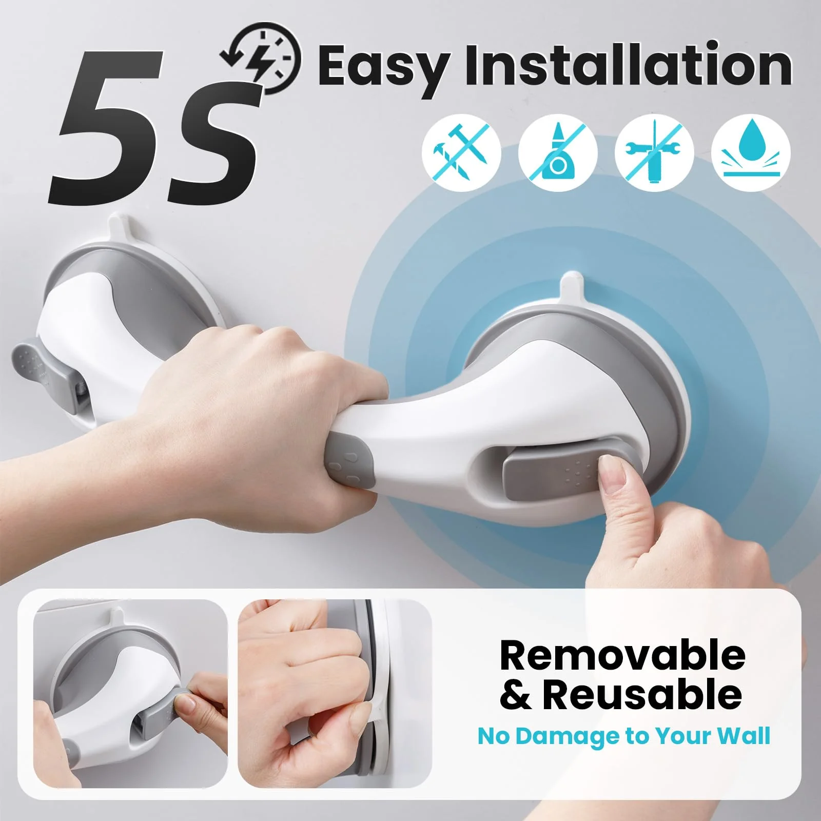 TAILI Shower Grab Bar Glow in The Dark, 2 Pack 12.2 in Grab Bars for Bathtubs and Showers,Shower Handles Shower Rails for Seniors and Elderly,Bathroom Safety Grip Removable No Drilling Waterproof Grey - Image 4