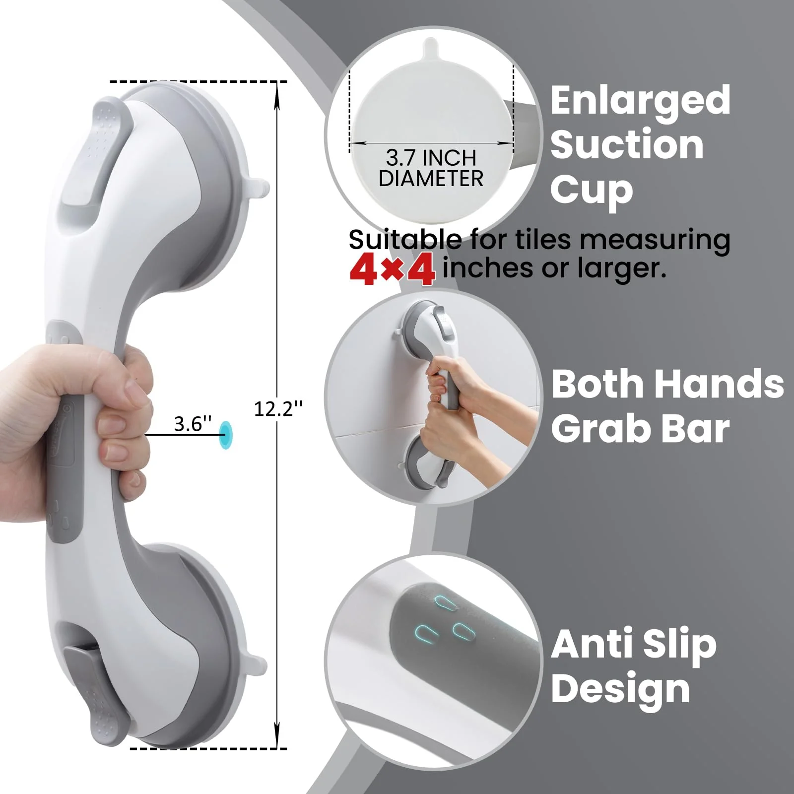TAILI Shower Grab Bar Glow in The Dark, 2 Pack 12.2 in Grab Bars for Bathtubs and Showers,Shower Handles Shower Rails for Seniors and Elderly,Bathroom Safety Grip Removable No Drilling Waterproof Grey - Image 5