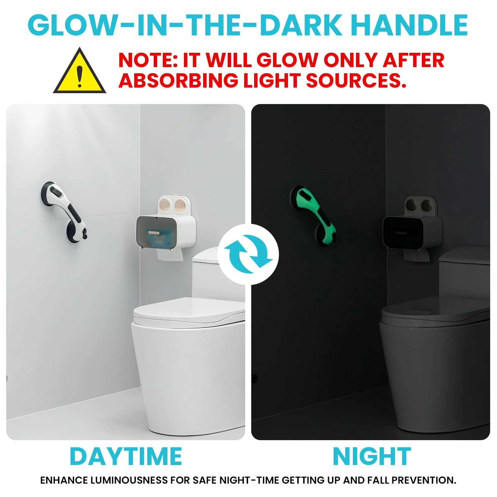 TAILI Shower Grab Bar Glow in The Dark, 2 Pack 12.2 in Grab Bars for Bathtubs and Showers,Shower Handles Shower Rails for Seniors and Elderly,Bathroom Safety Grip Removable No Drilling Waterproof Grey - Image 9