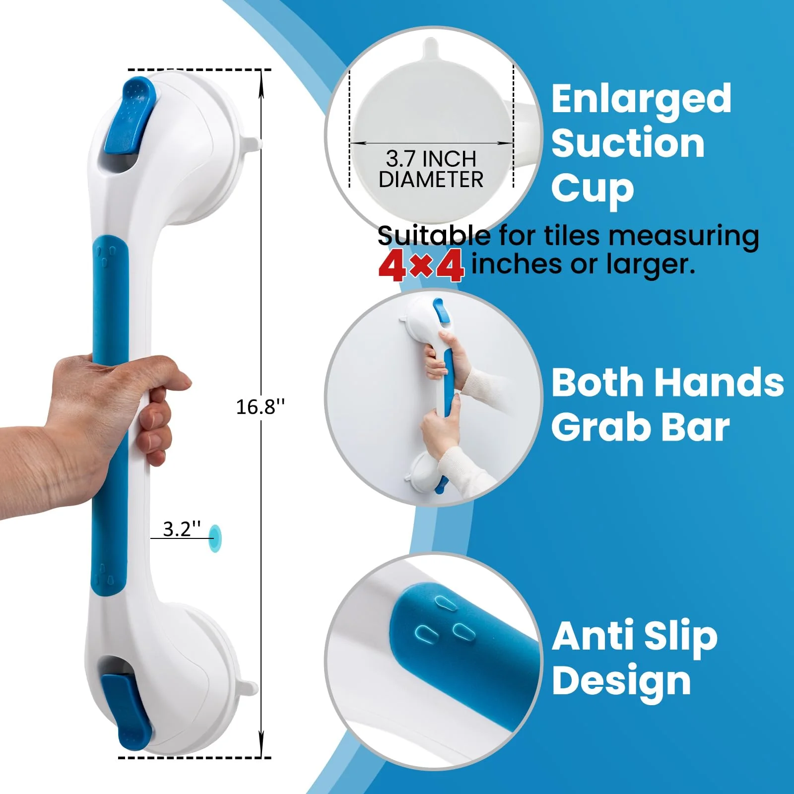 TAILI Shower Grab Bar Glow in The Dark, 2 Pack 16.8 in Grab Bars for Bathtubs and Showers,Shower Handles Shower Rails for Seniors and Elderly,Bathroom Safety Grip Removable No Drilling Waterproof Blue - Image 6