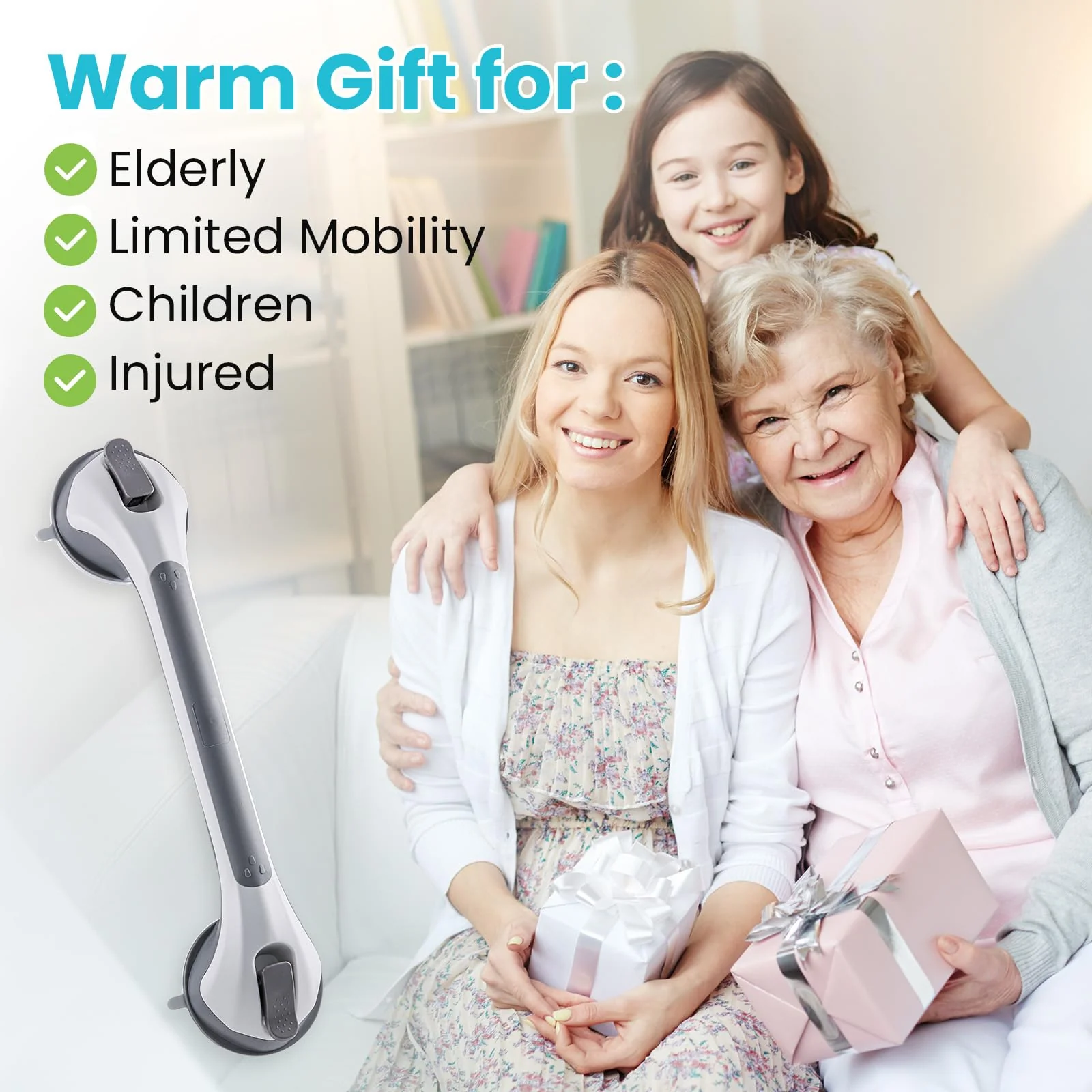 TAILI Shower Grab Bar Glow in The Dark, 2 Pack 16.8 in Grab Bars for Bathtubs and Showers,Shower Handles Shower Rails for Seniors and Elderly,Bathroom Safety Grip Removable No Drilling Waterproof Grey - Image 2