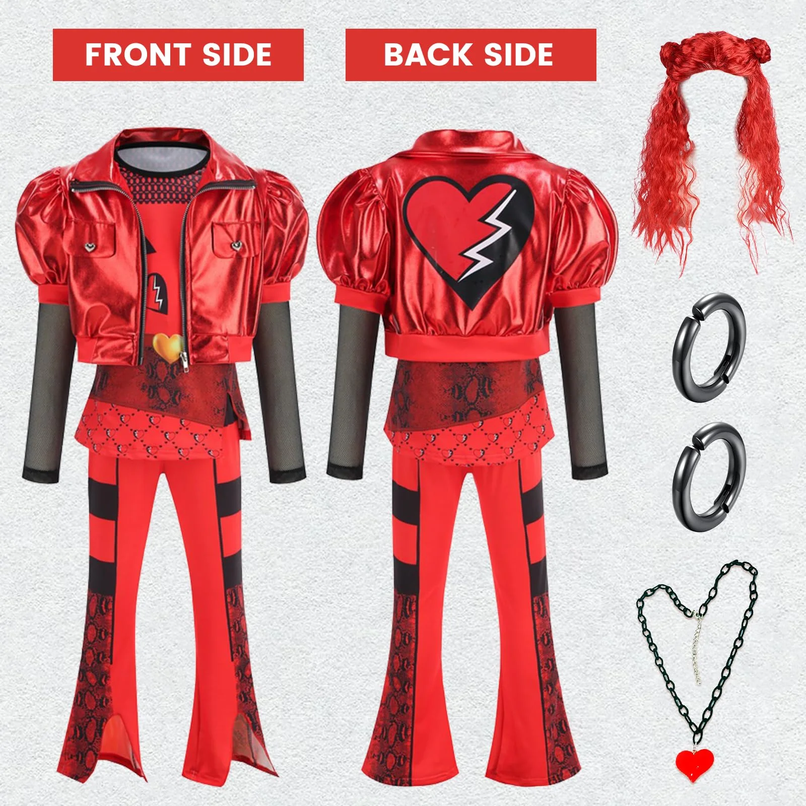 TAMOSKY Rise of Red Costume Girls Kids Halloween Christmas Cosplay Outfits with Red Cosplay Wig Includes Heart Shirt Jacket Pants Set Party Dress up for Kids 4-14Y - Image 3