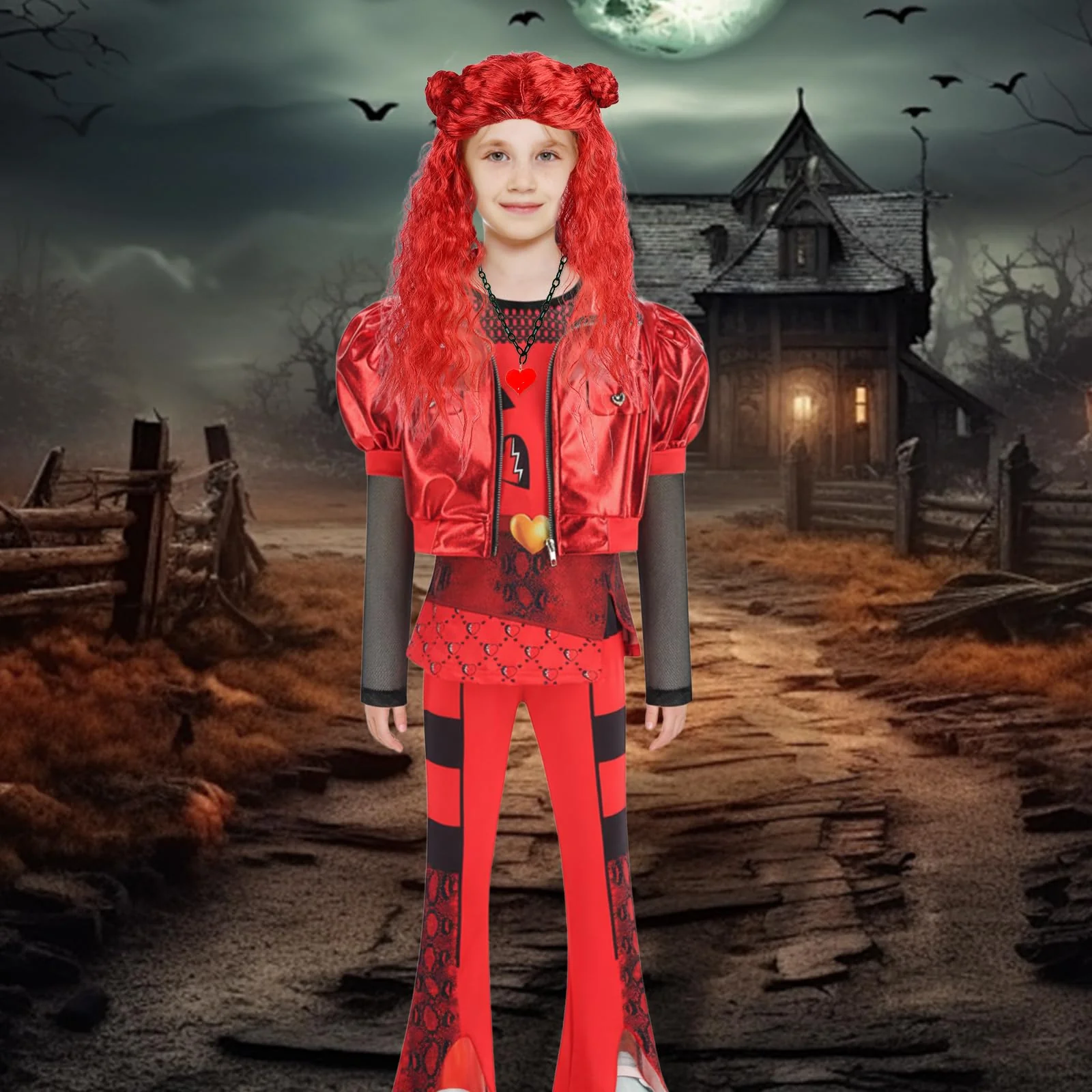 TAMOSKY Rise of Red Costume Girls Kids Halloween Christmas Cosplay Outfits with Red Cosplay Wig Includes Heart Shirt Jacket Pants Set Party Dress up for Kids 4-14Y - Image 5