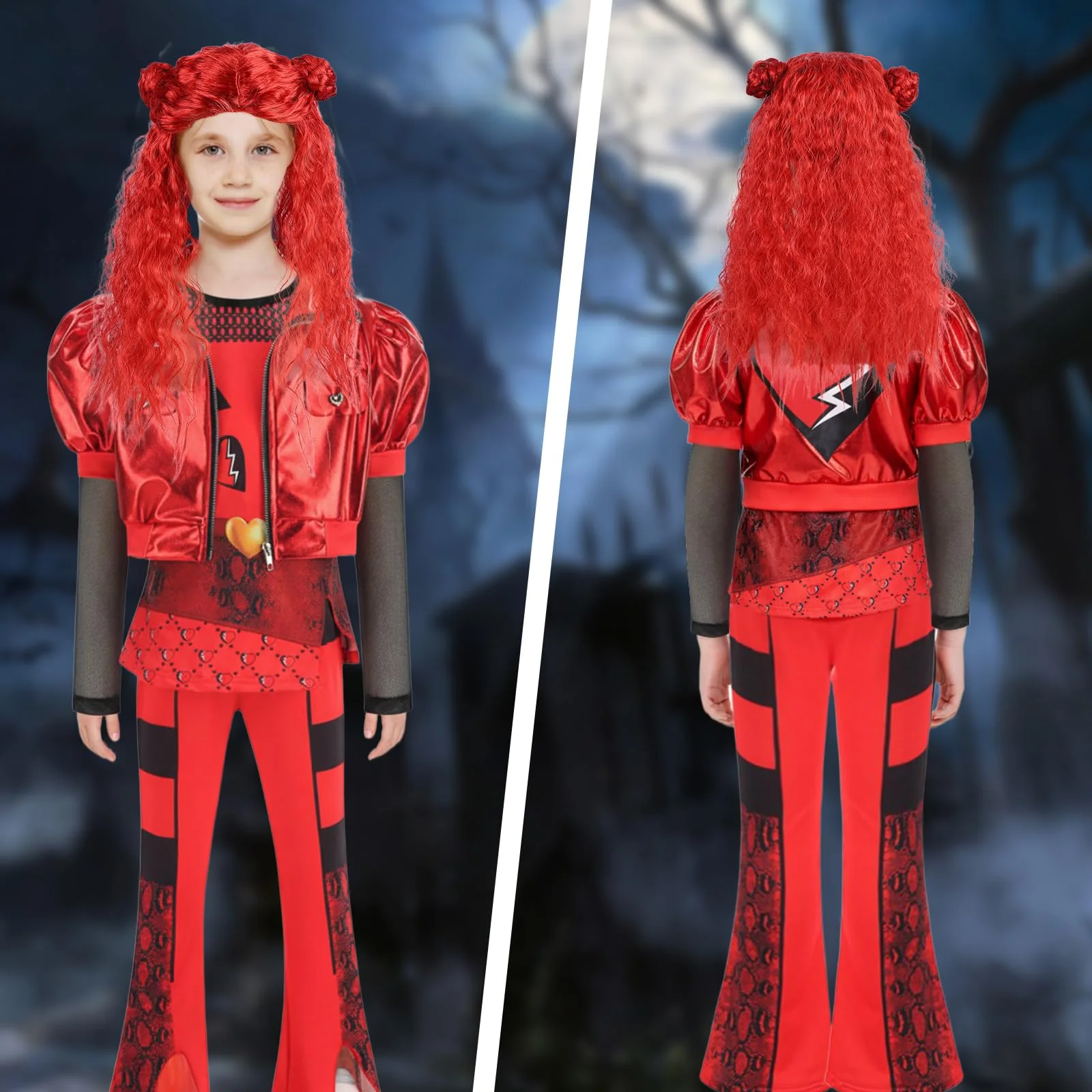 TAMOSKY Rise of Red Costume Girls Kids Halloween Christmas Cosplay Outfits with Red Cosplay Wig Includes Heart Shirt Jacket Pants Set Party Dress up for Kids 4-14Y - Image 6